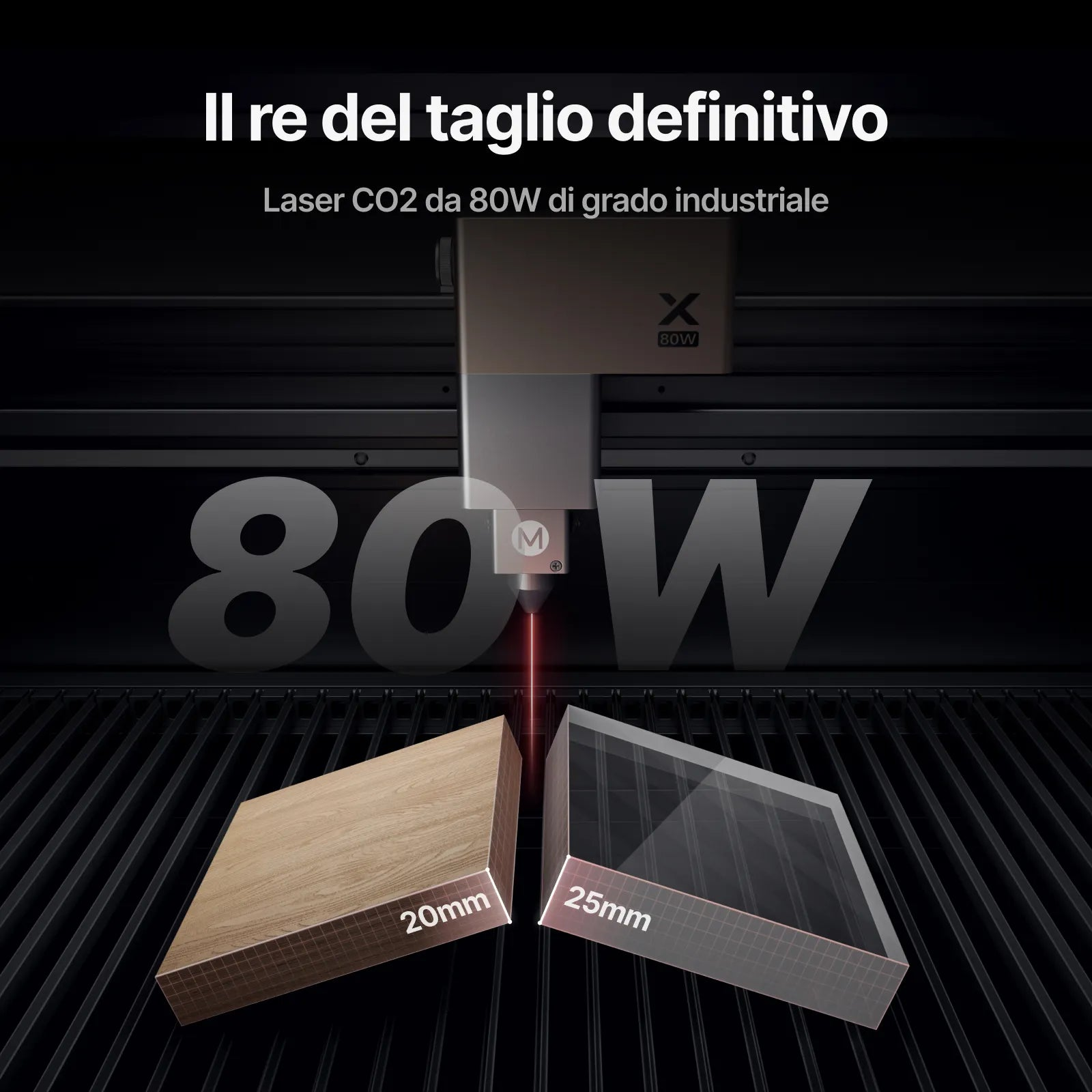 Un laser CO2 industriale da 80W taglia un blocco di legno da 20mm e uno acrilico da 25mm.