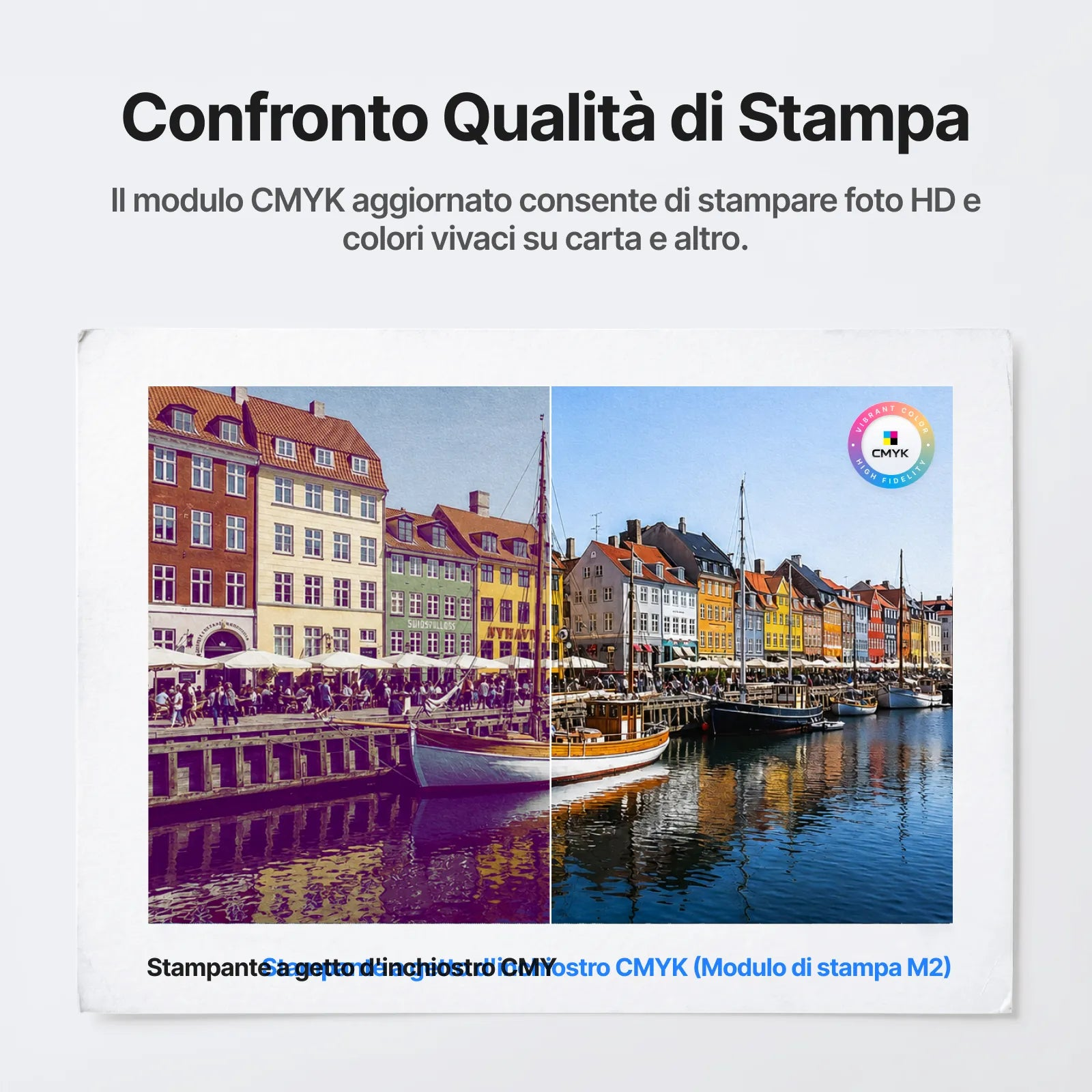 Confronto qualità di stampa: lato sinistro normale, lato destro avanzato con modulo CMYK e colori vivaci.
