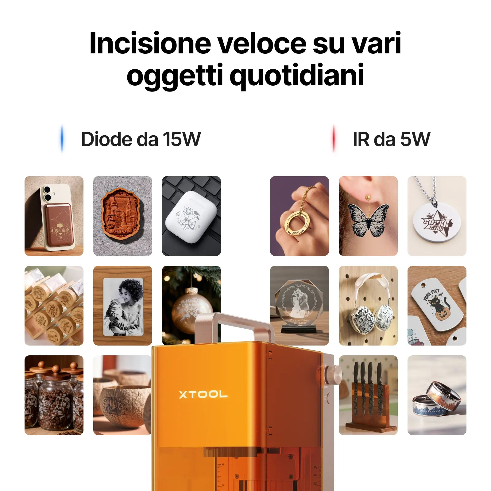 Una macchina per incisione xTool mostra vari oggetti incisi come custodie, gioielli e legno.