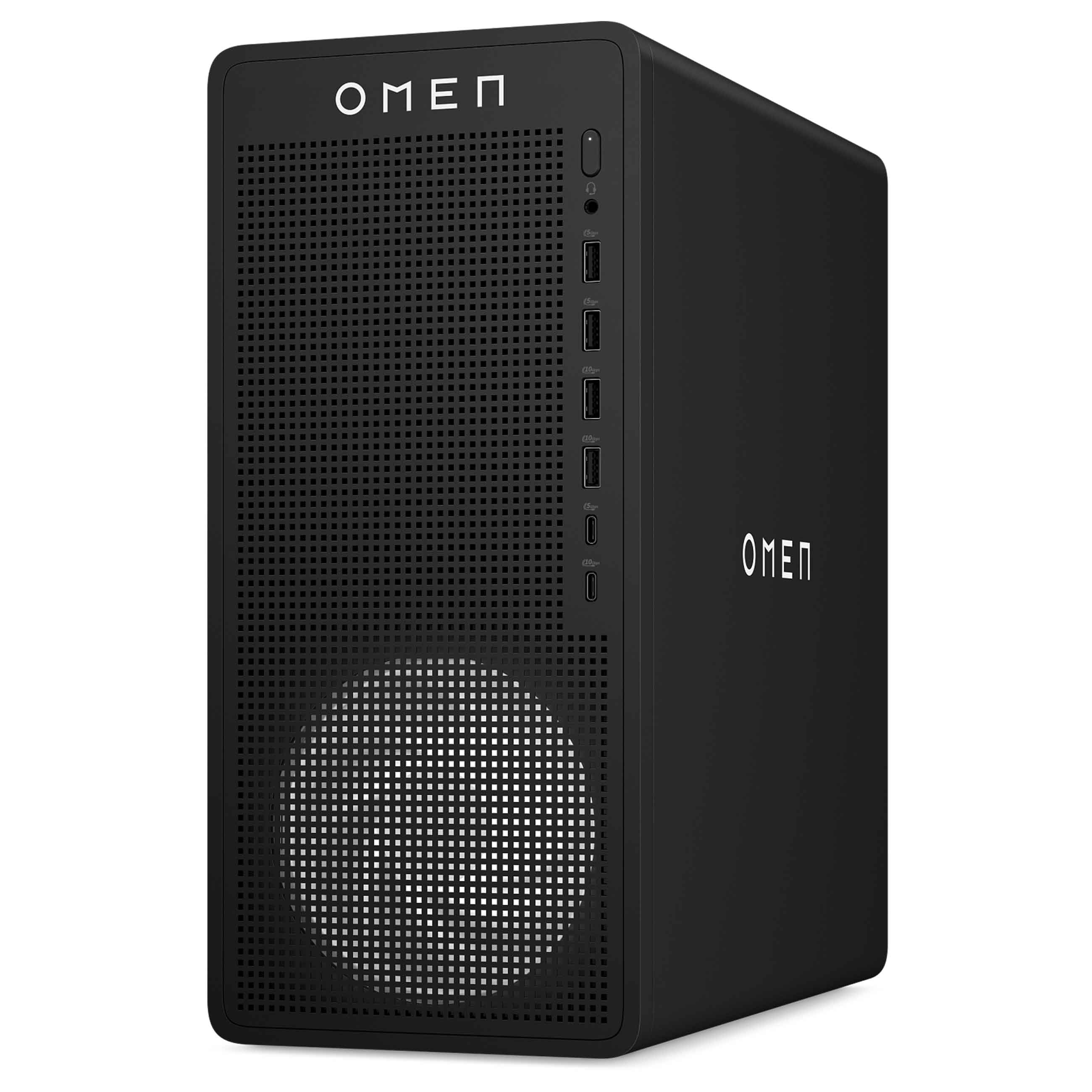 Schwarzer HP Omen Gaming-Desktop-PC mit beleuchtetem Frontlüfter und mehreren USB-Anschlüssen.