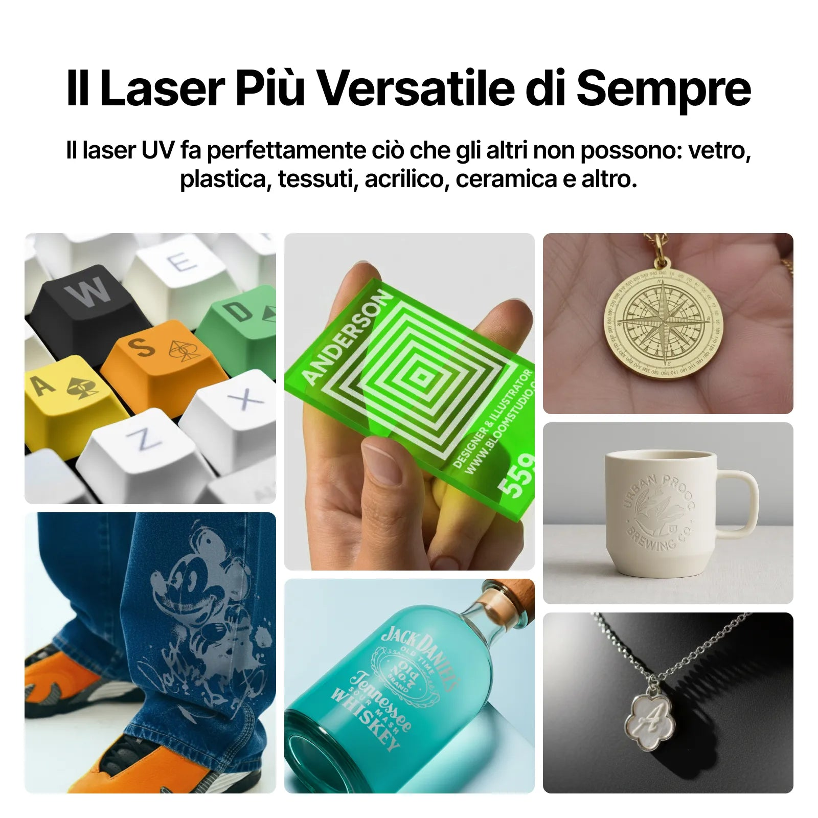 Un banner che mostra materiali incisi e stampati con laser UV tra cui tastiere, vetro, tessuto e legno.