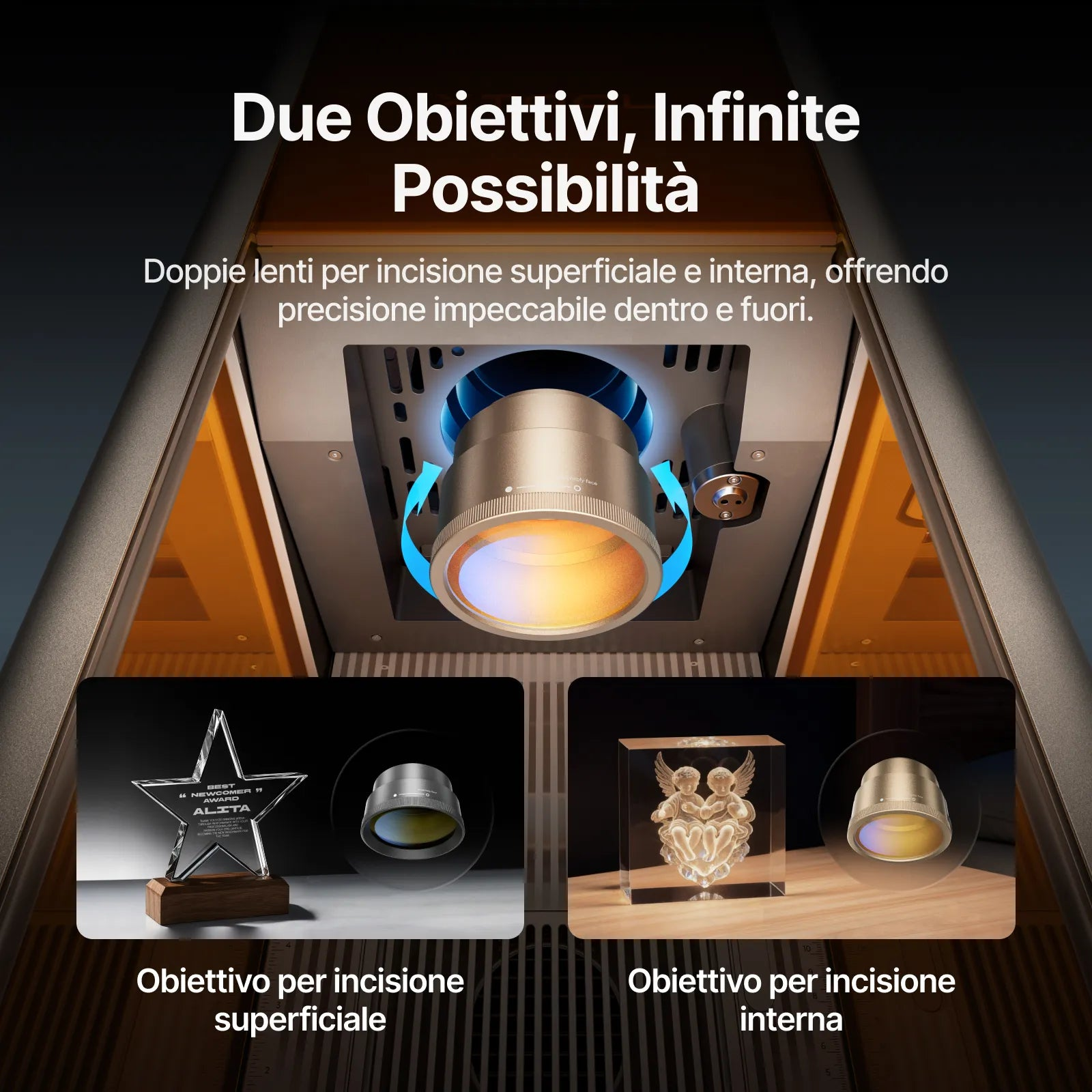 Doppie lenti per incisione superficiale e interna, con testa laser ed esempi come premio stella e cubo angelo.