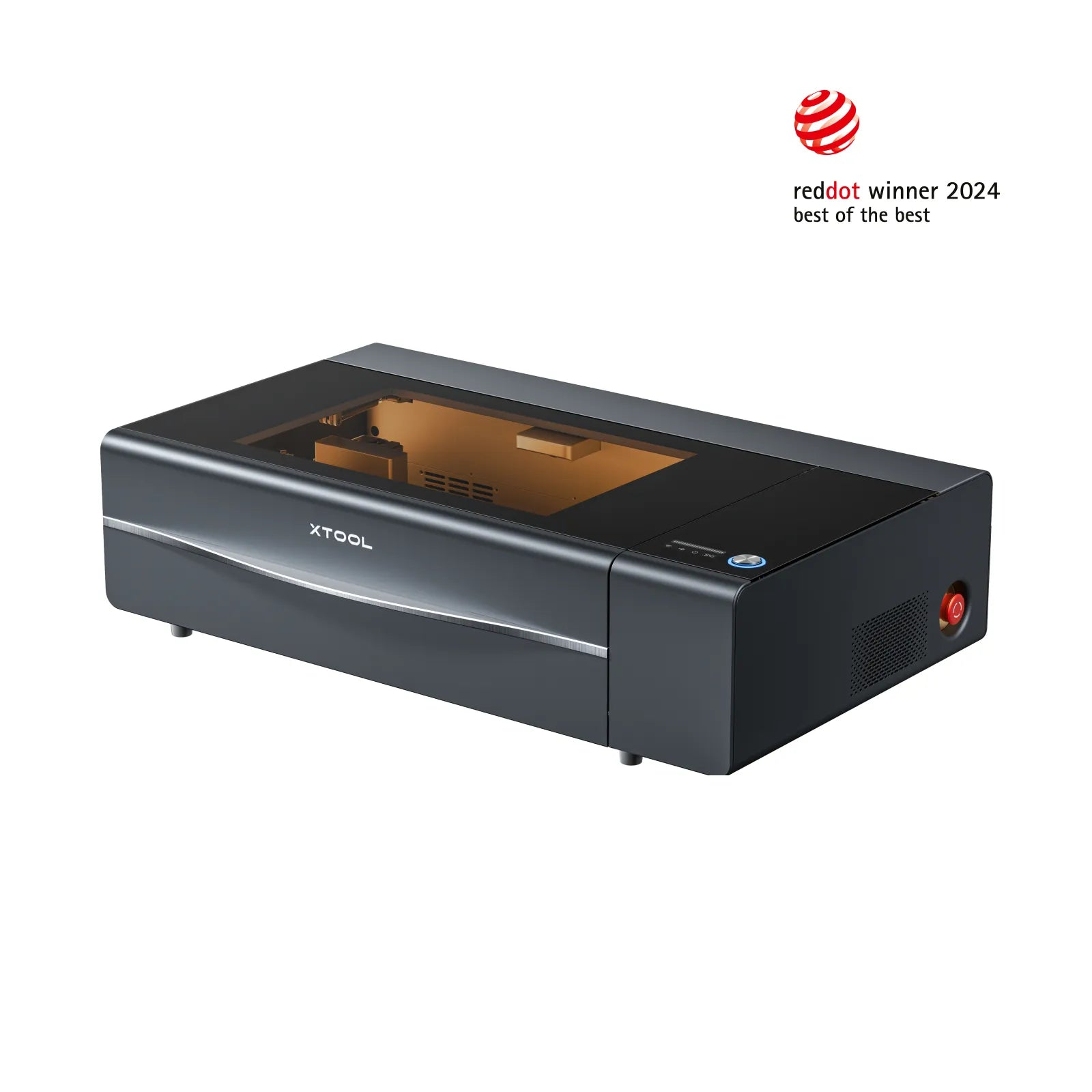 Un incisore laser xTool grigio su sfondo bianco con logo rosso Red Dot Award 2024.