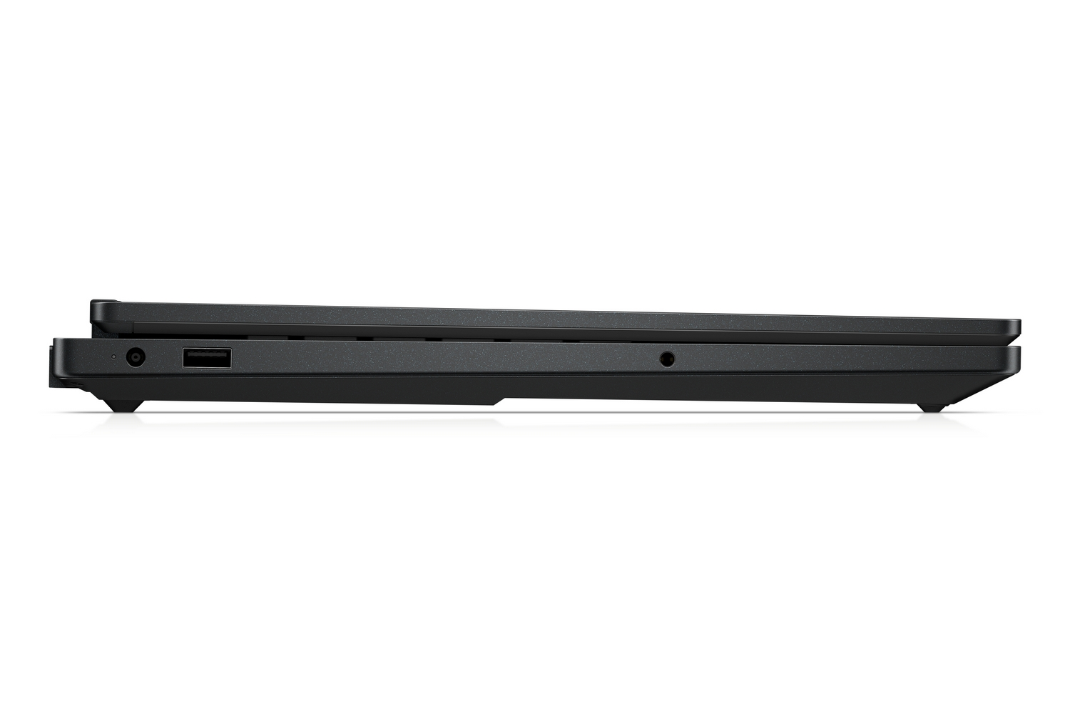 Profilo laterale di un laptop nero chiuso che mostra le porte lungo il bordo su sfondo bianco.