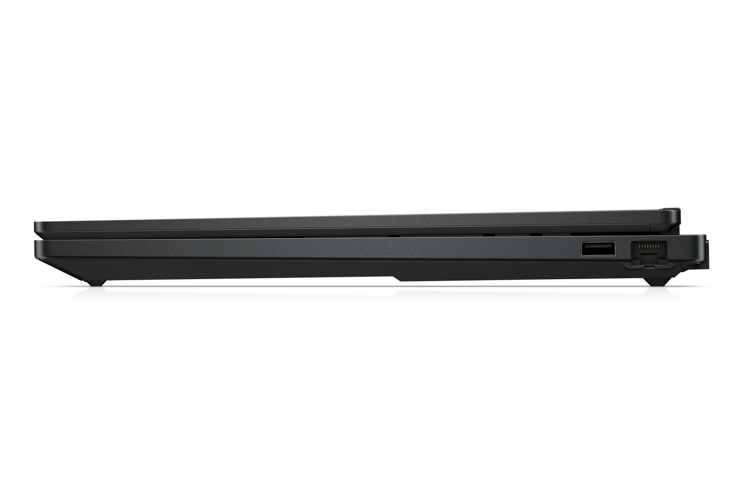 Vista laterale di un laptop nero chiuso con una porta USB e una porta Ethernet visibili.