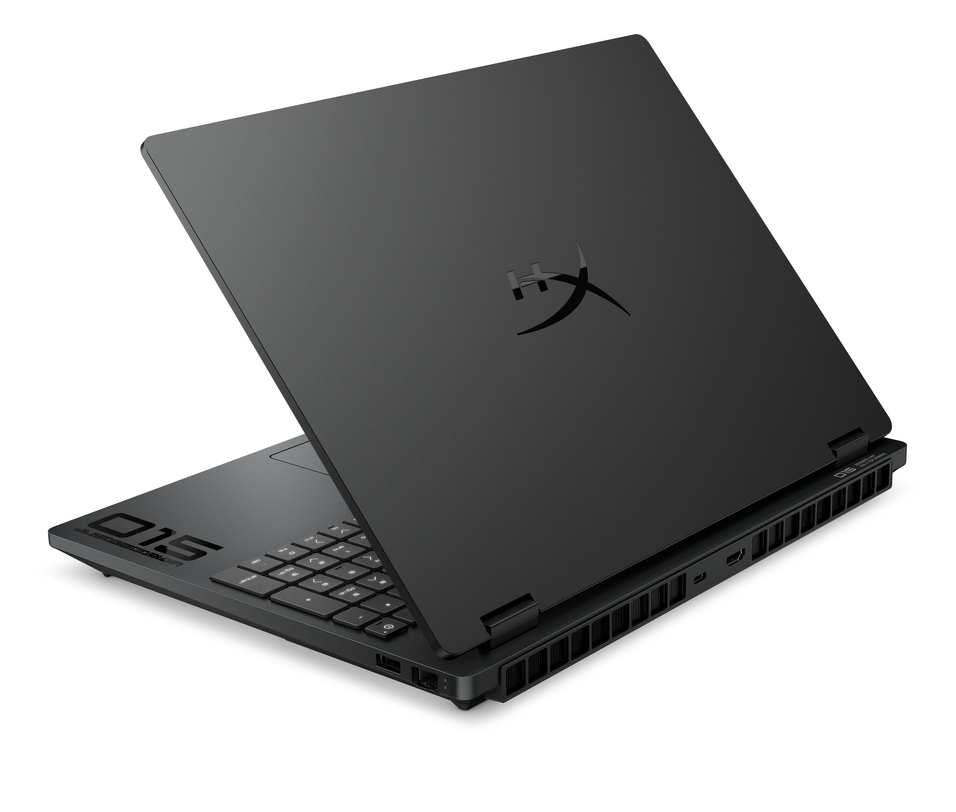 Un laptop nero su sfondo bianco, parzialmente aperto, con il logo HX sul coperchio.