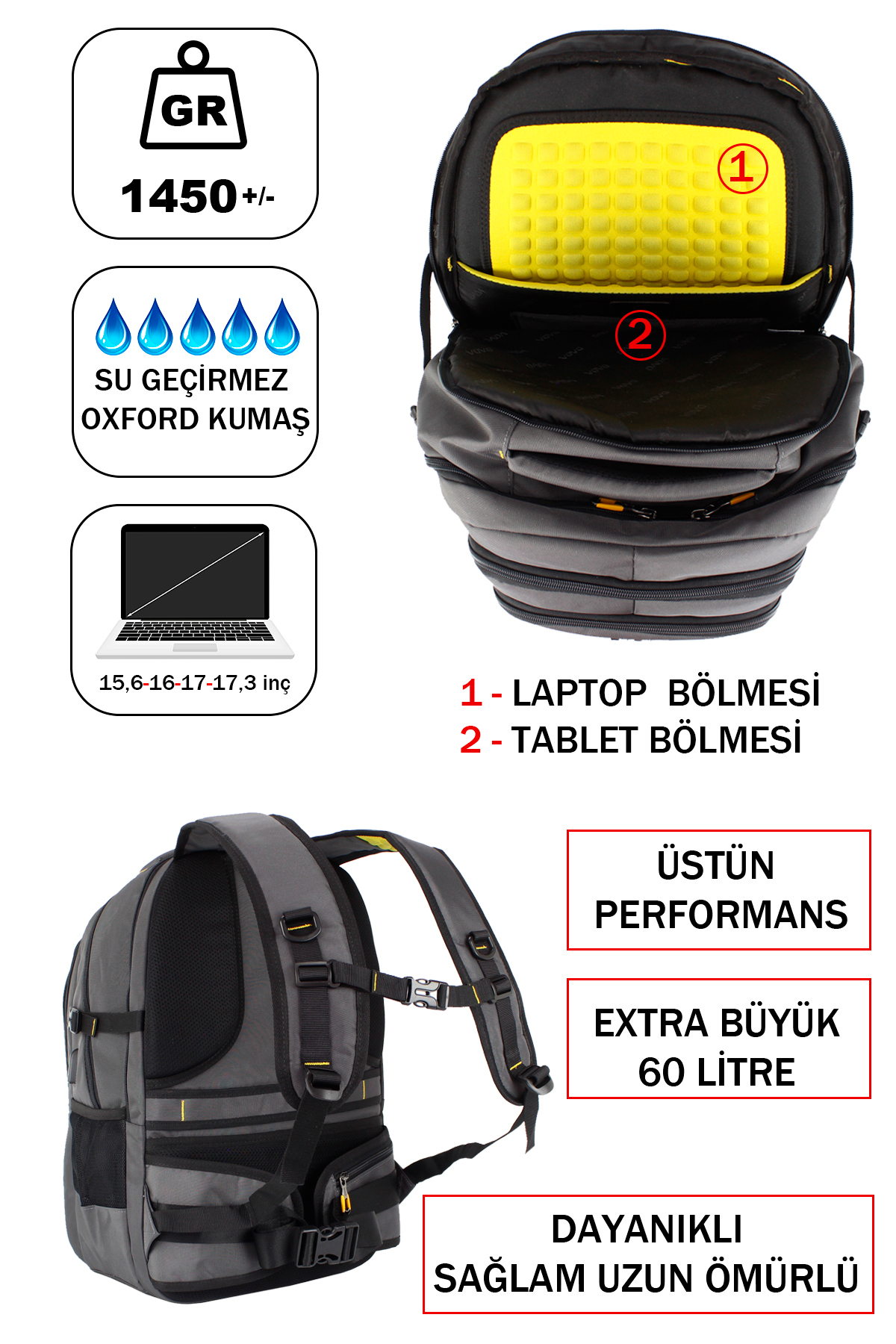 Laptop ve tablet bölmeli, su geçirmez, ikonlu ve yazılı gri renk 60 litre sırt çantası.
