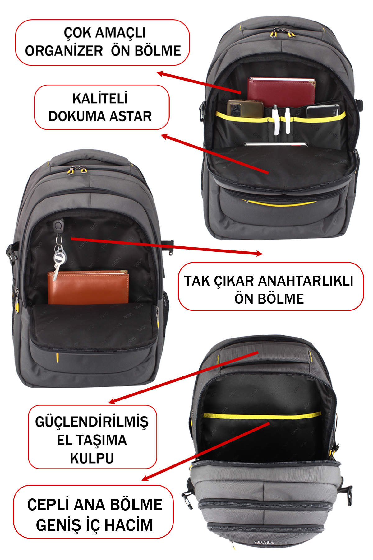 Çok bölmeli, düzenleyicili, anahtarlıklı ve etiketli güçlendirilmiş kulplu gri sırt çantası.