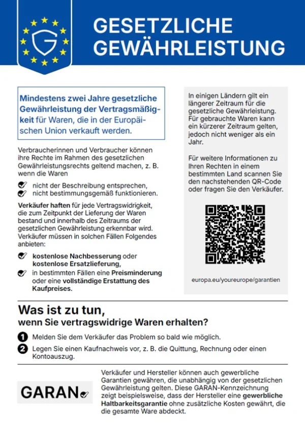Informationsplakat zur gesetzlichen Gewährleistung in der EU mit QR-Code und Erklärungen.