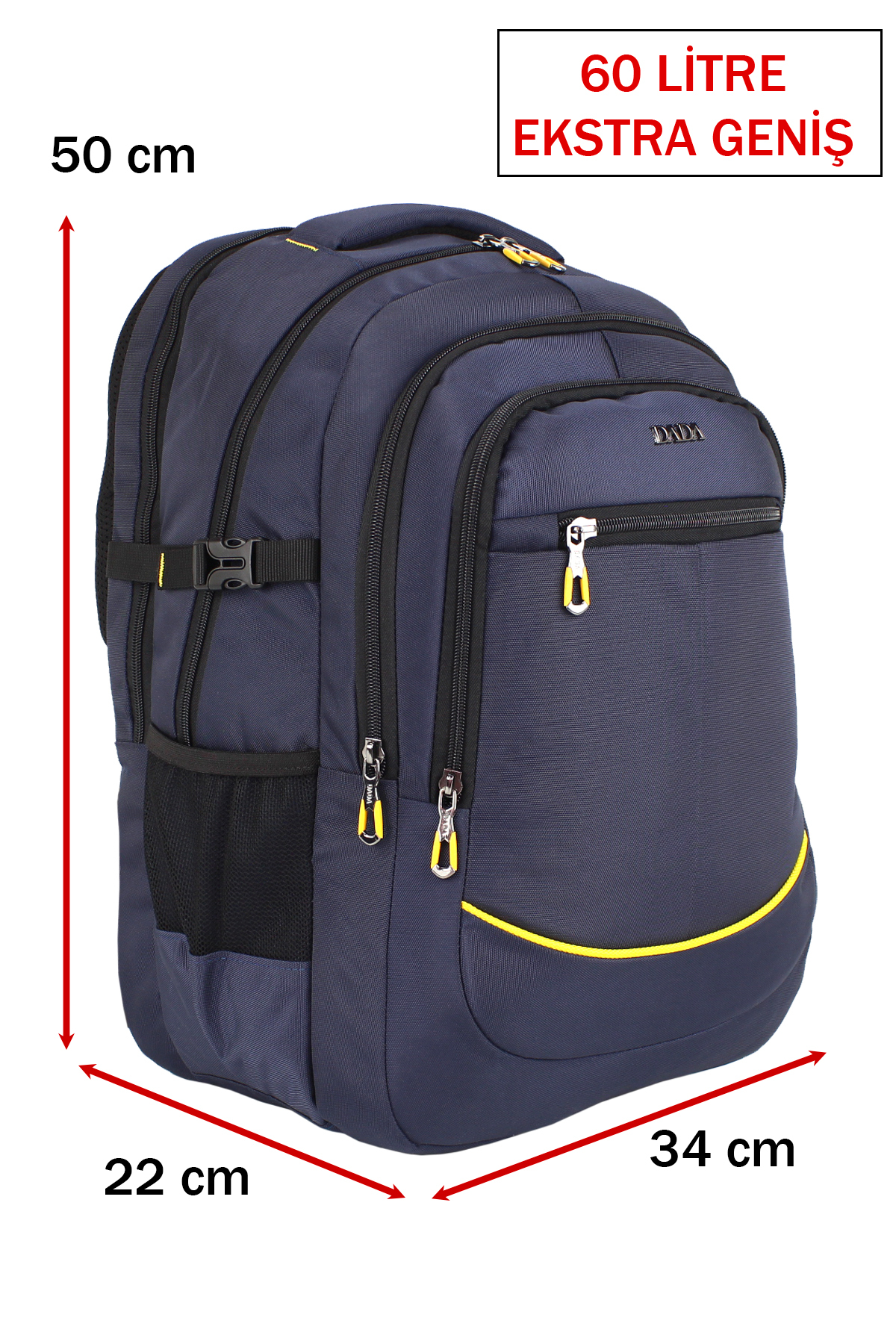Sarı detaylı koyu mavi sırt çantası, 50x34x22 cm, 60 litre.