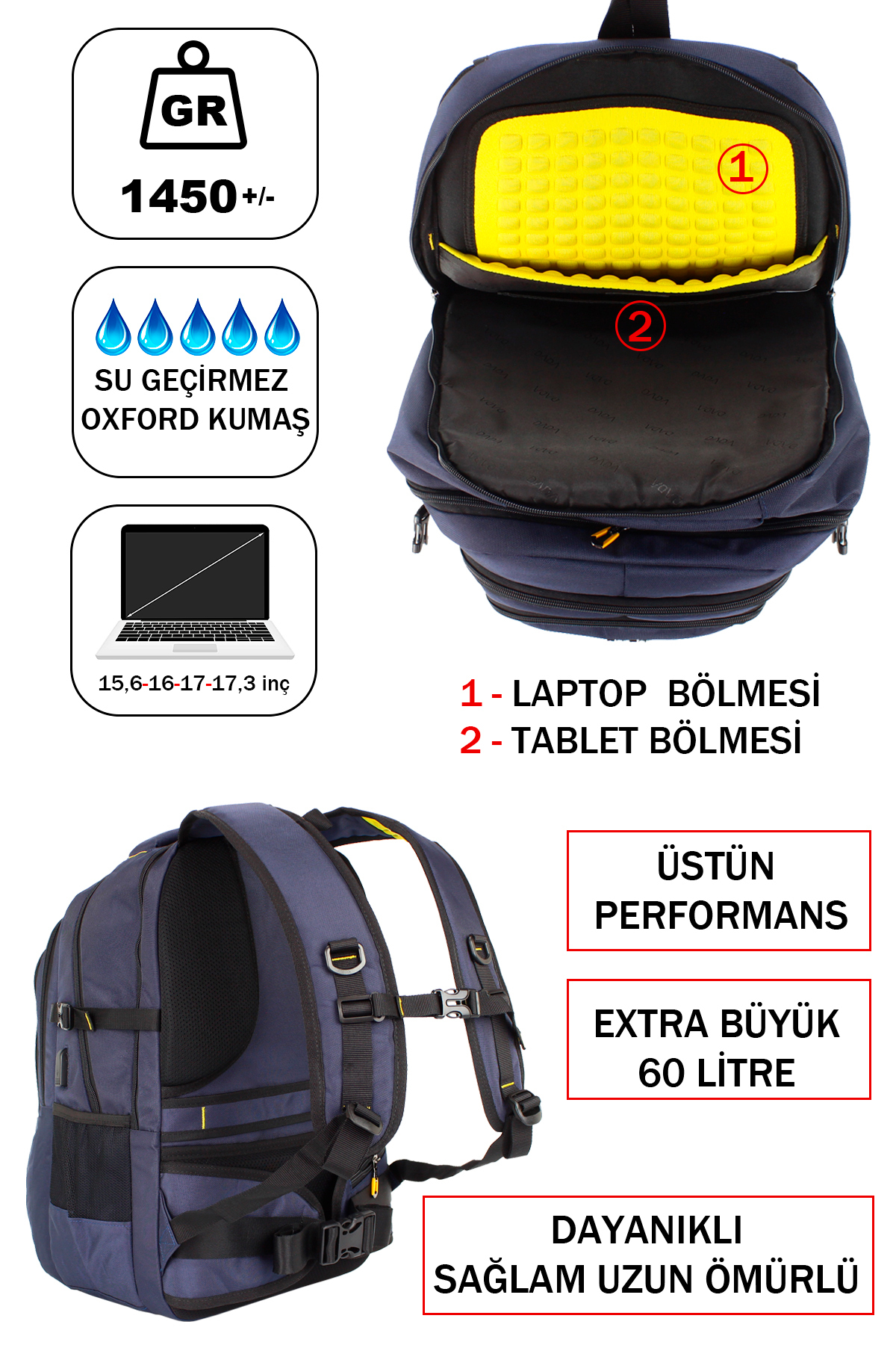 Dizüstü bilgisayar ve tablet bölmeli, su geçirmez Oxford kumaşlı ve 60 litre kapasiteli mavi sırt çantası.