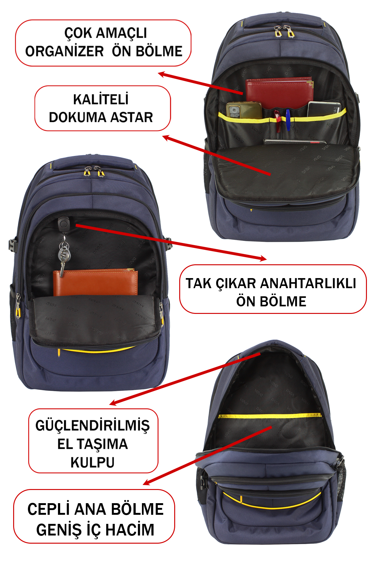 Etiketli bölmelere, anahtarlığa, organize ön ceplere ve geniş ana iç hacme sahip mavi sırt çantası.