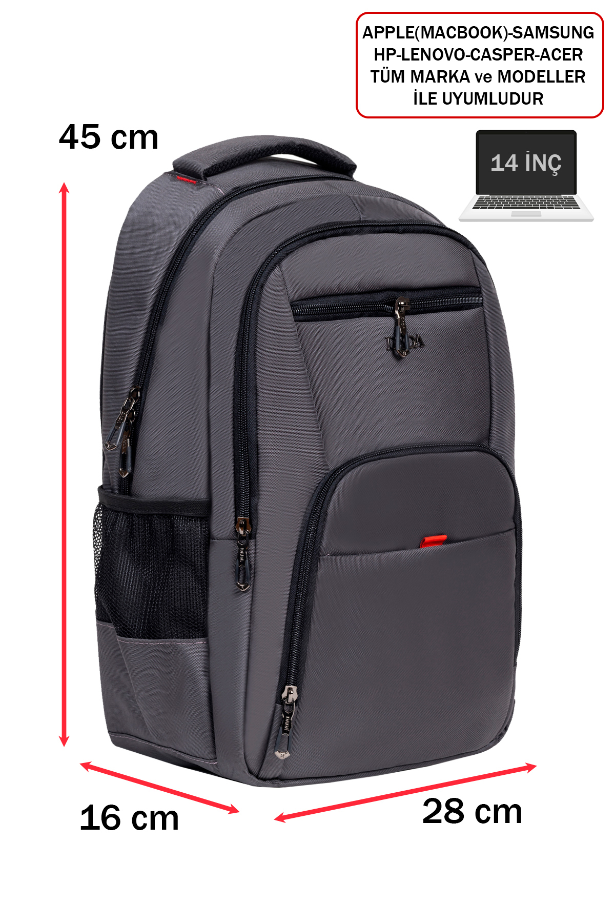 Fermuarlı bölmeleri, yan cepleri ve 45x28x16 cm ölçüleri olan gri sırt çantası.