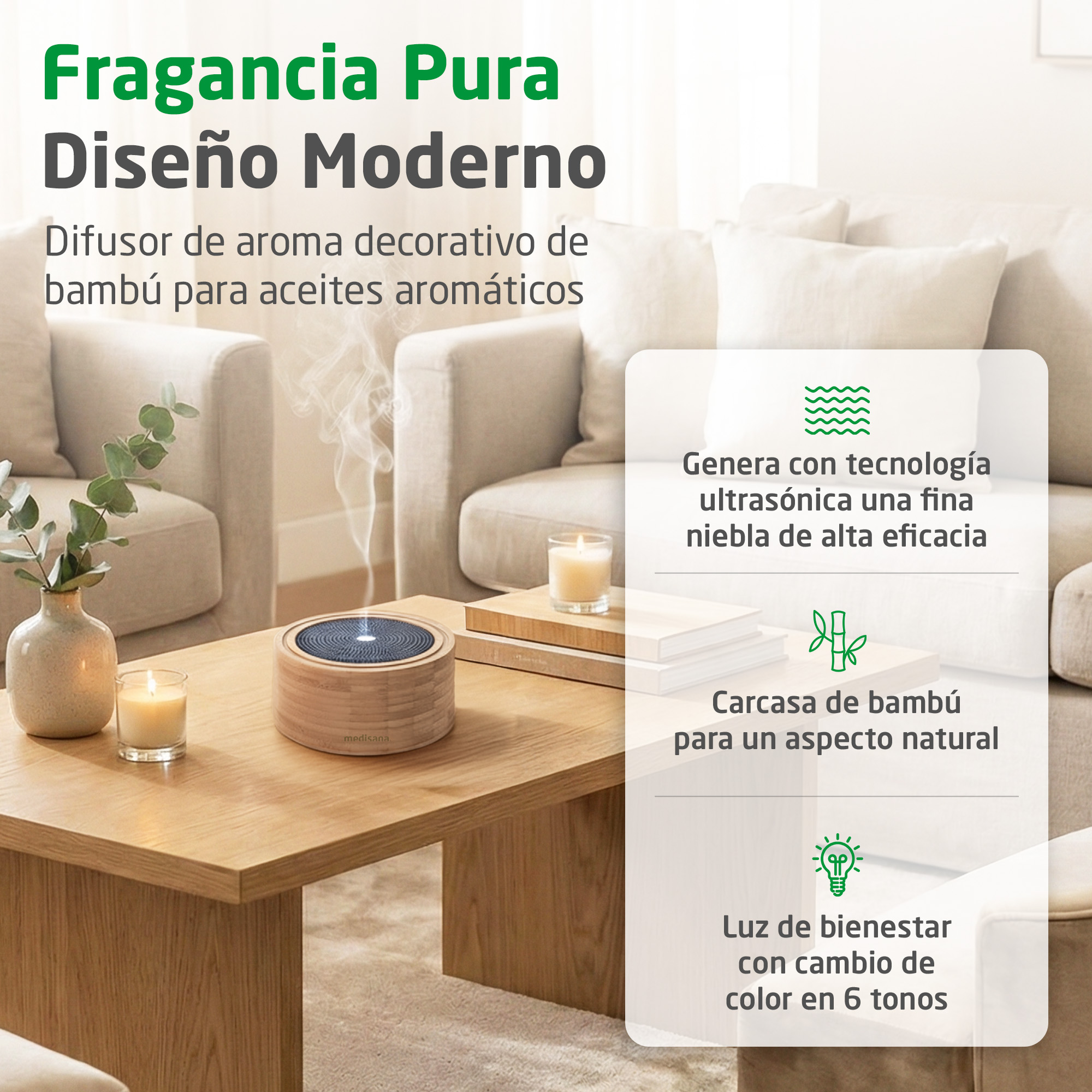 Un difusor de aroma de bambú que emite niebla sobre una mesa de centro de madera.