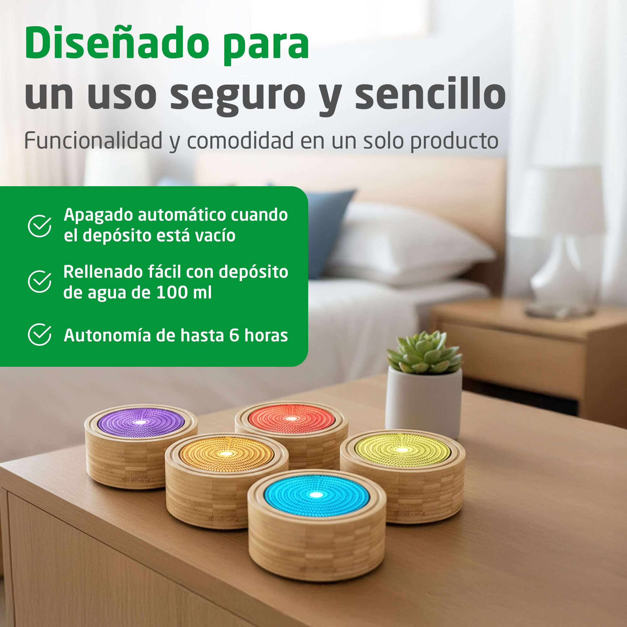 Cinco difusores redondos de madera con luces de diferentes colores en una mesa frente a un dormitorio borroso.