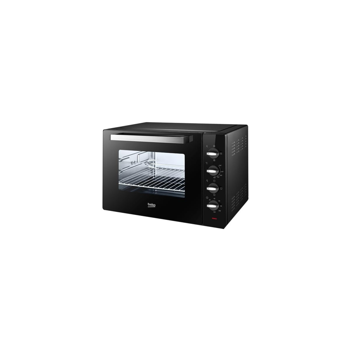 Un mini forno Beko nero compatto con porta a vetri e manopole argentate sul lato, su sfondo bianco.