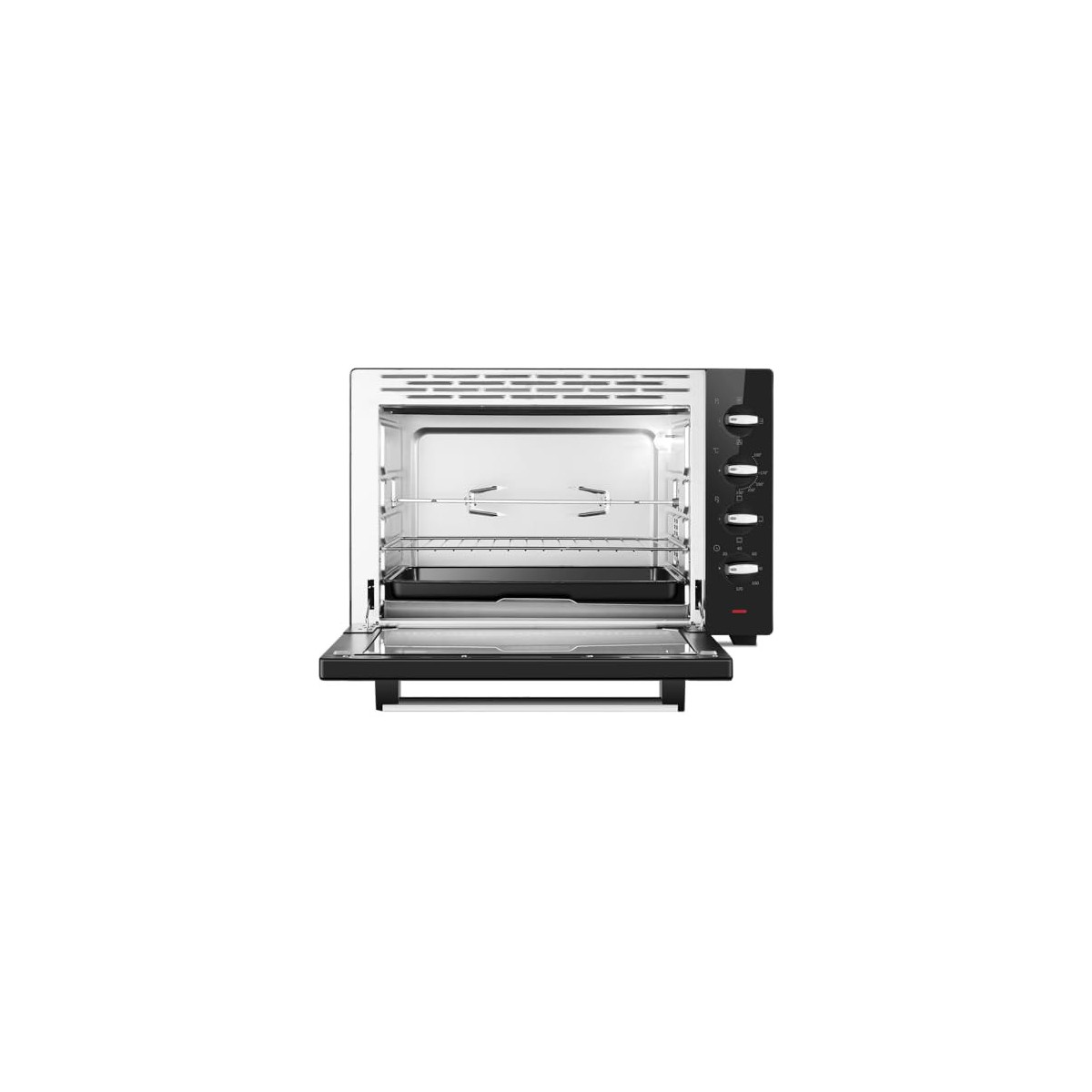 Un piccolo forno da tavolo aperto con corpo nero, teglia, griglia e girarrosto.