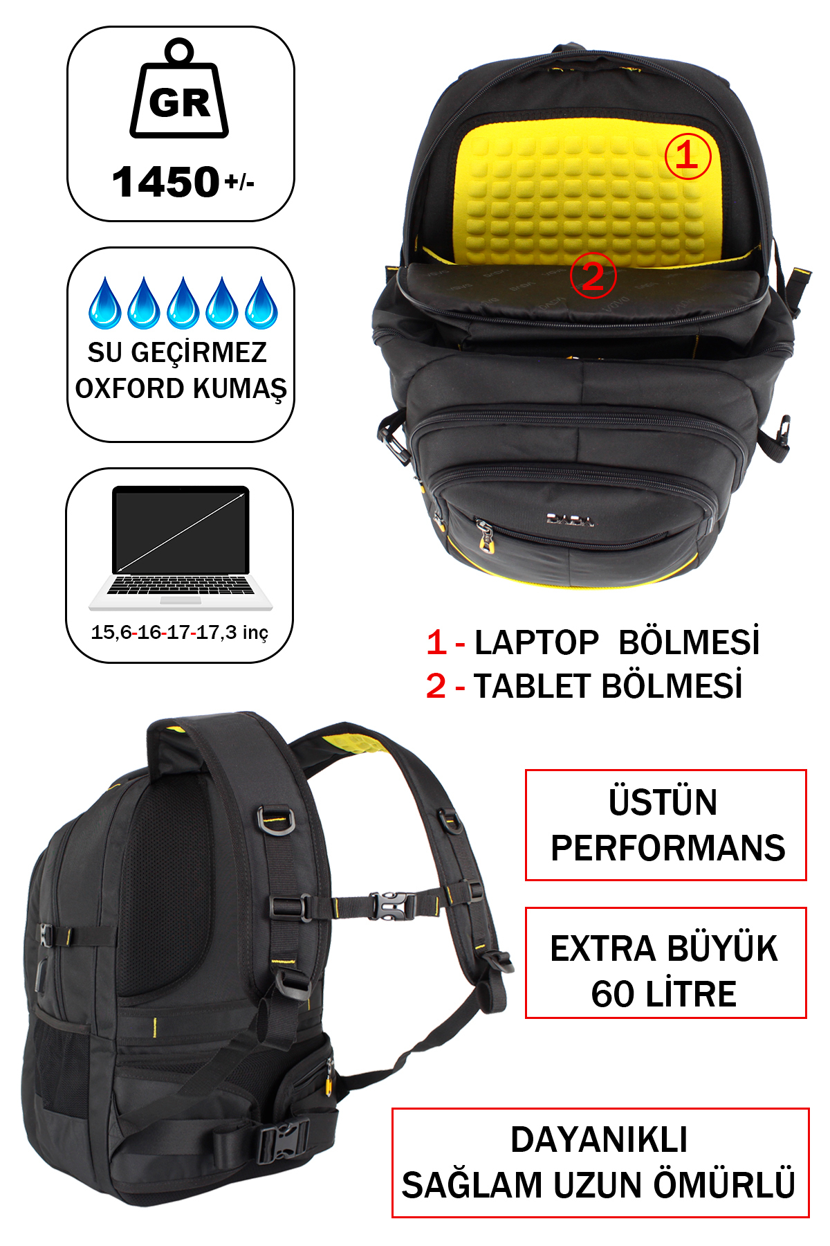 Sarı laptop ve tablet bölmeli, su geçirmez kumaşlı, ergonomik askılı siyah 60 litre sırt çantası.