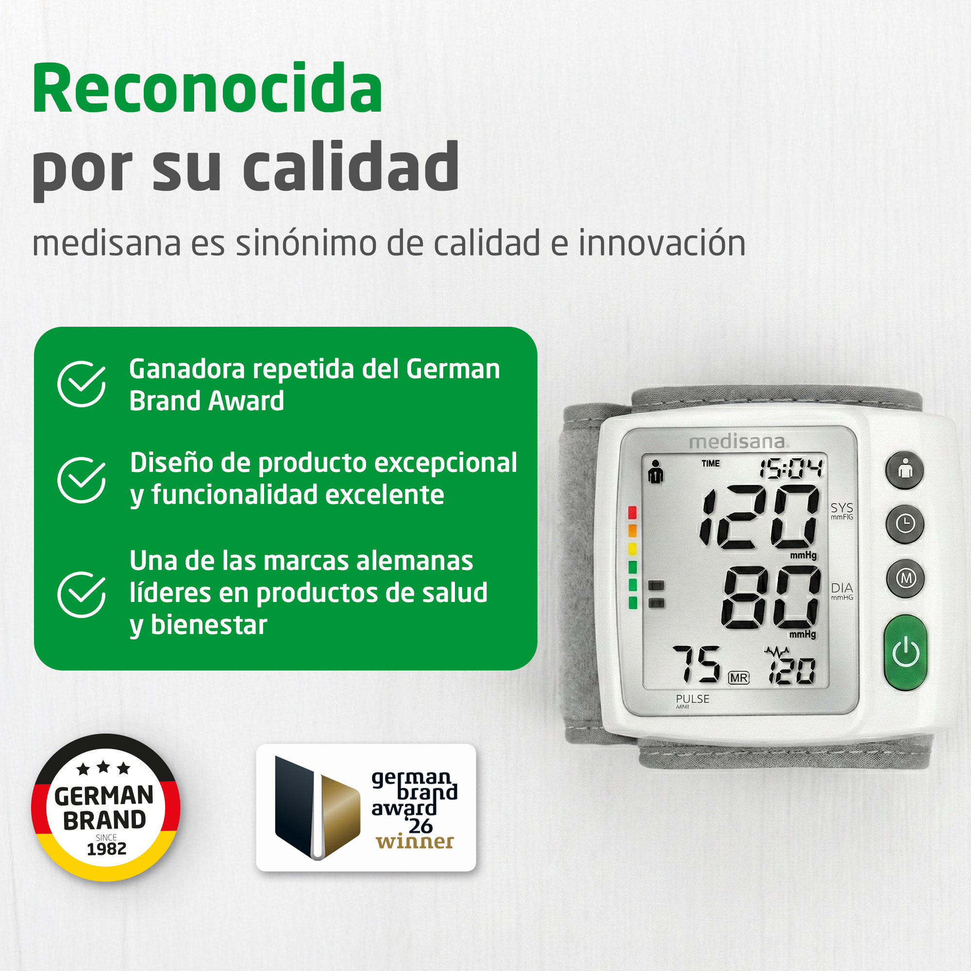 Un misuratore di pressione Medisana con display e premi su sfondo bianco.