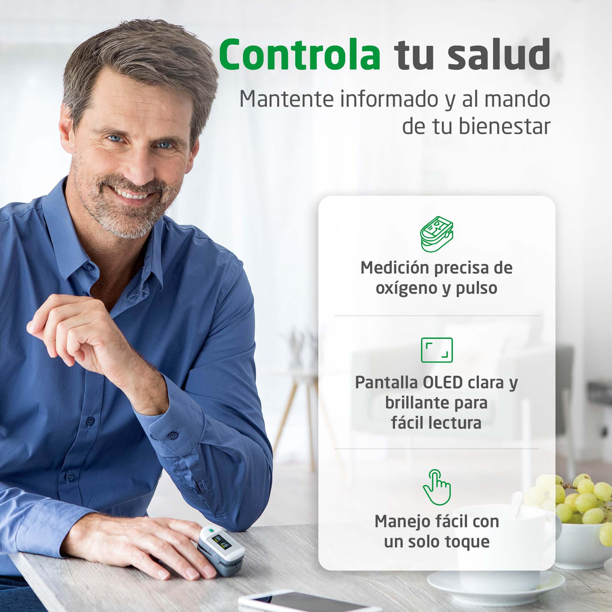Smiling man in blue shirt using a pulse oximeter with product features listed on the right.