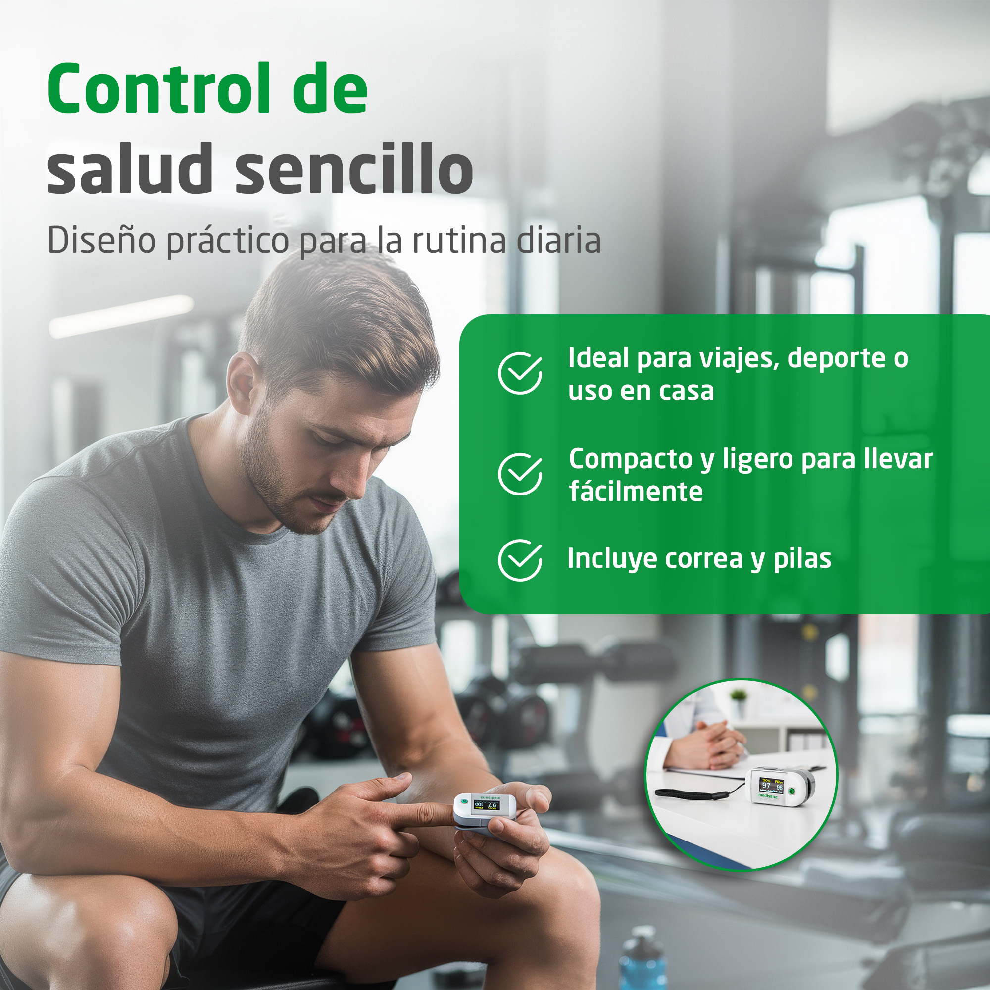 A man in a gym uses a fingertip pulse oximeter, with promotional text and product features displayed.