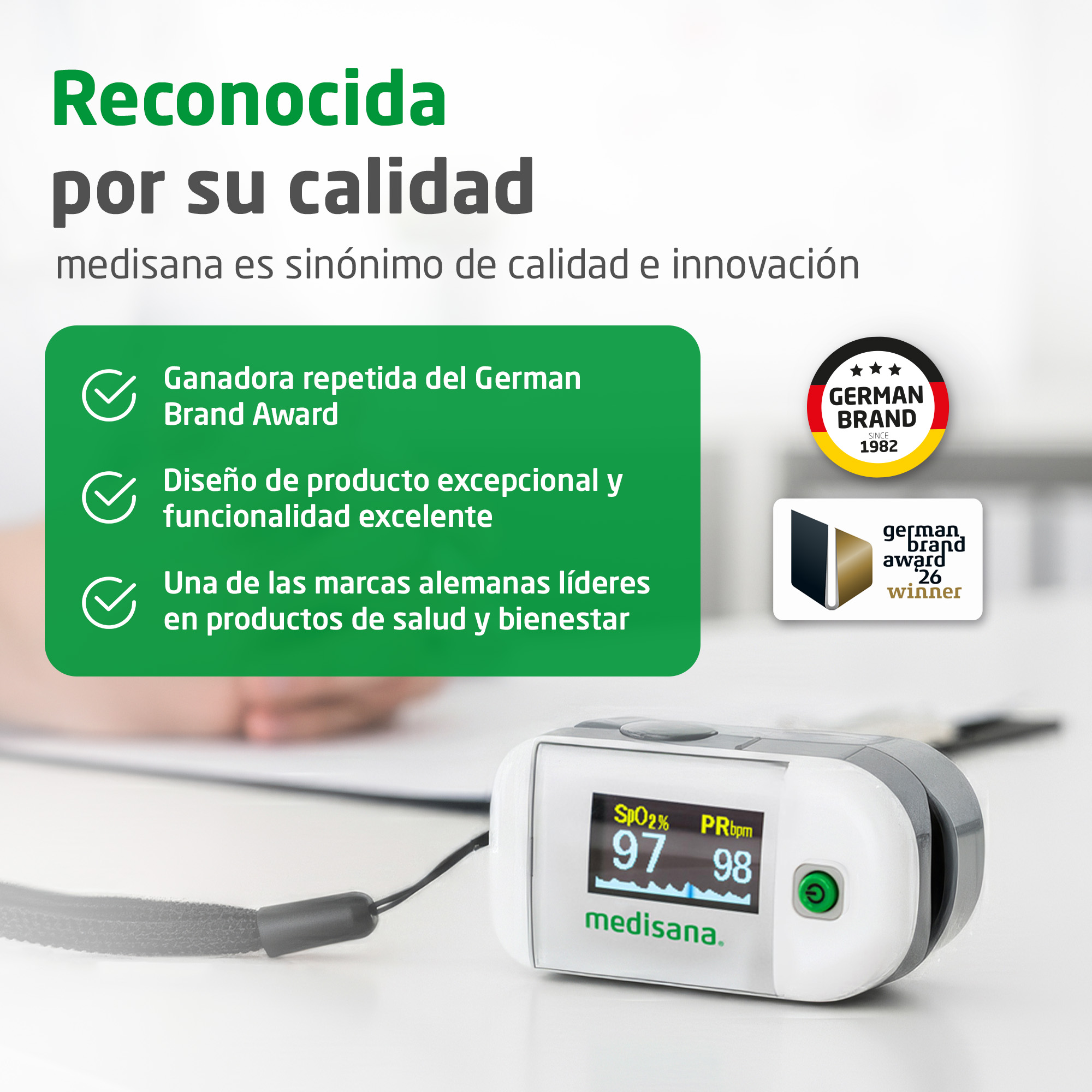 A Medisana pulse oximeter on a table with Spanish text and German Brand Award badges in the background.