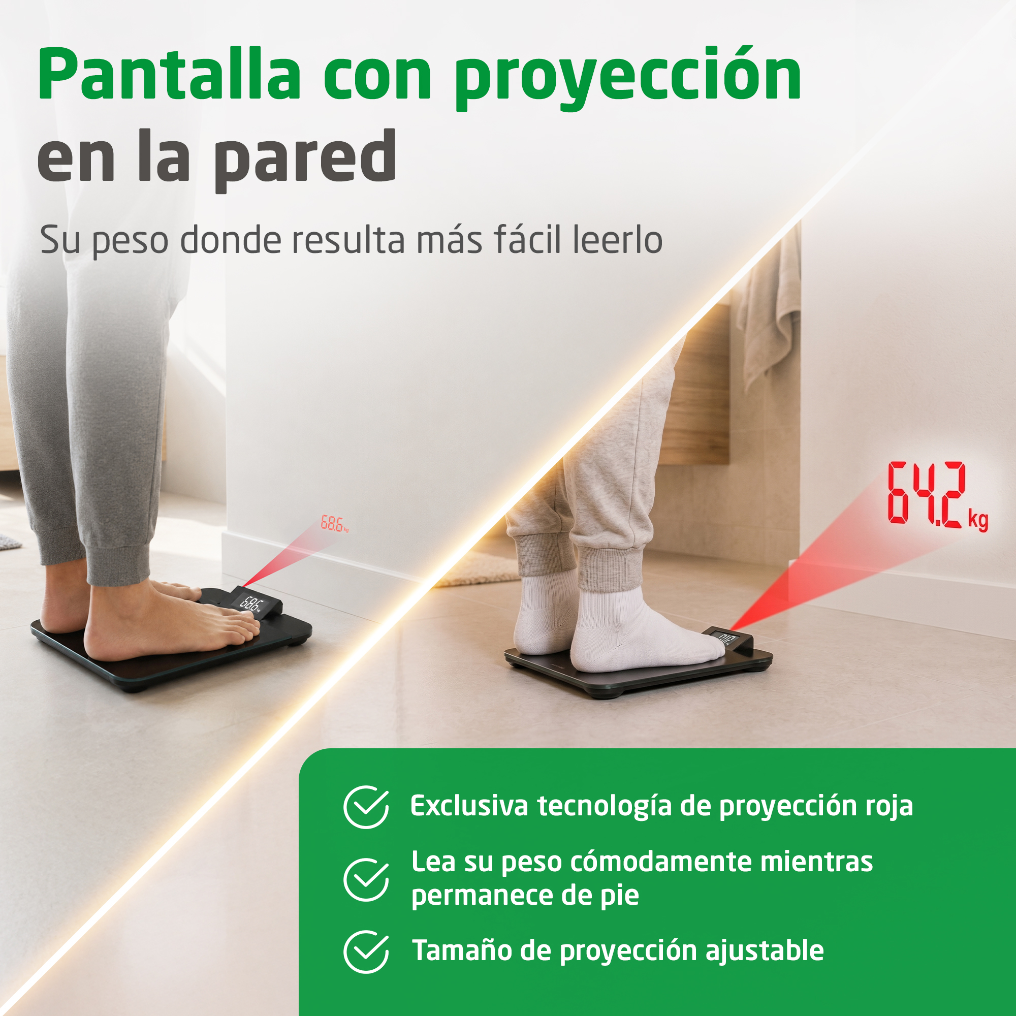 Una bilancia pesa persona che proietta una lettura del peso digitale rossa sulla parete.