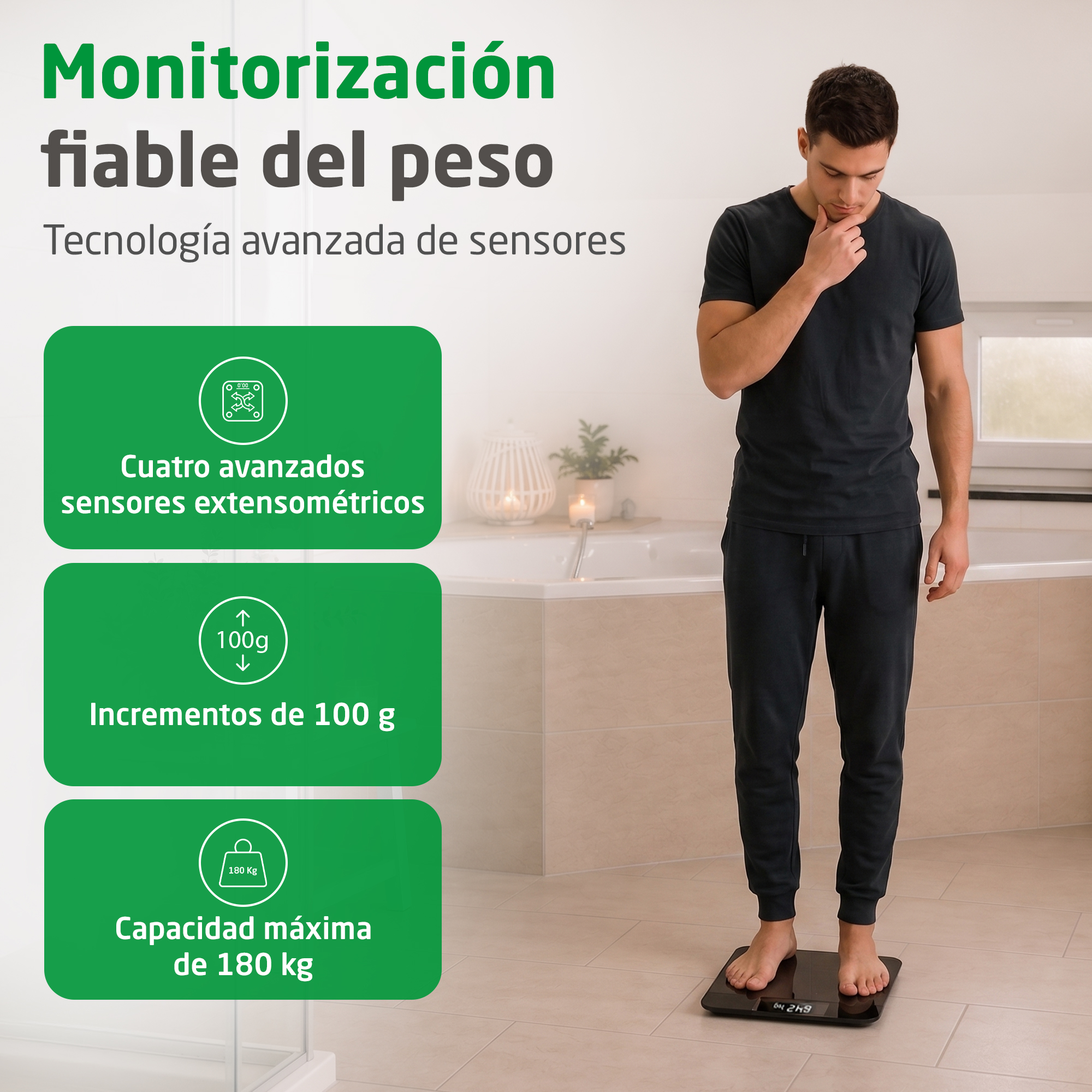 Un uomo in piedi su una bilancia digitale in bagno, circondato da testi pubblicitari.