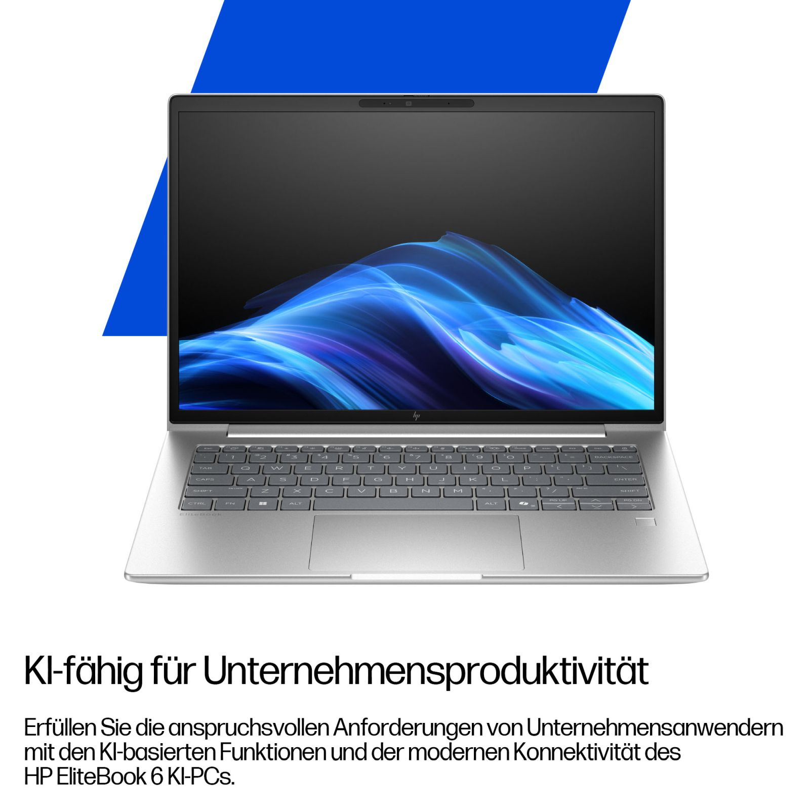 Ordinateur portable HP EliteBook argenté affichant un fond d'écran de vague bleue et du texte en allemand.
