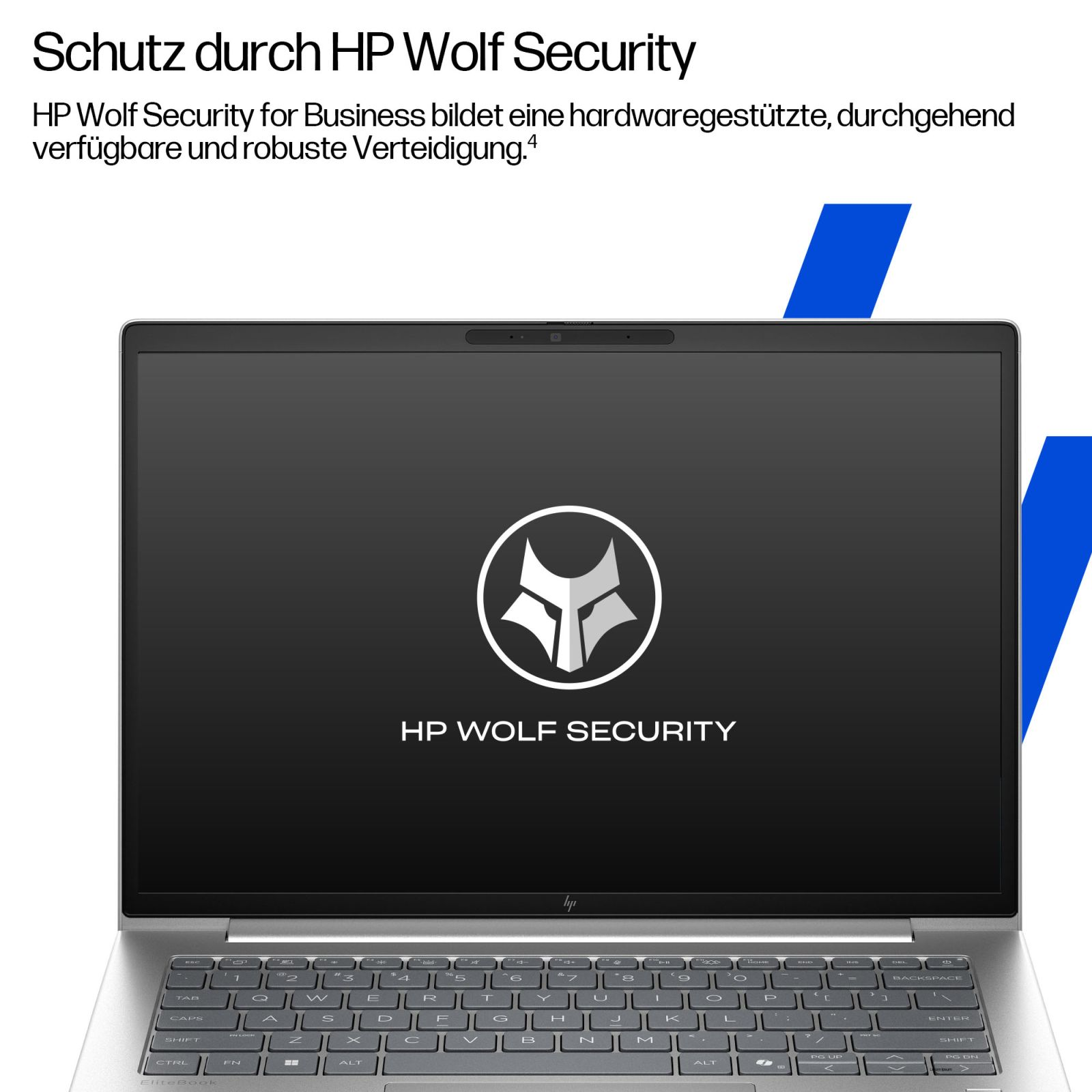 Ordinateur portable affichant le logo HP Wolf Security et du texte en allemand.