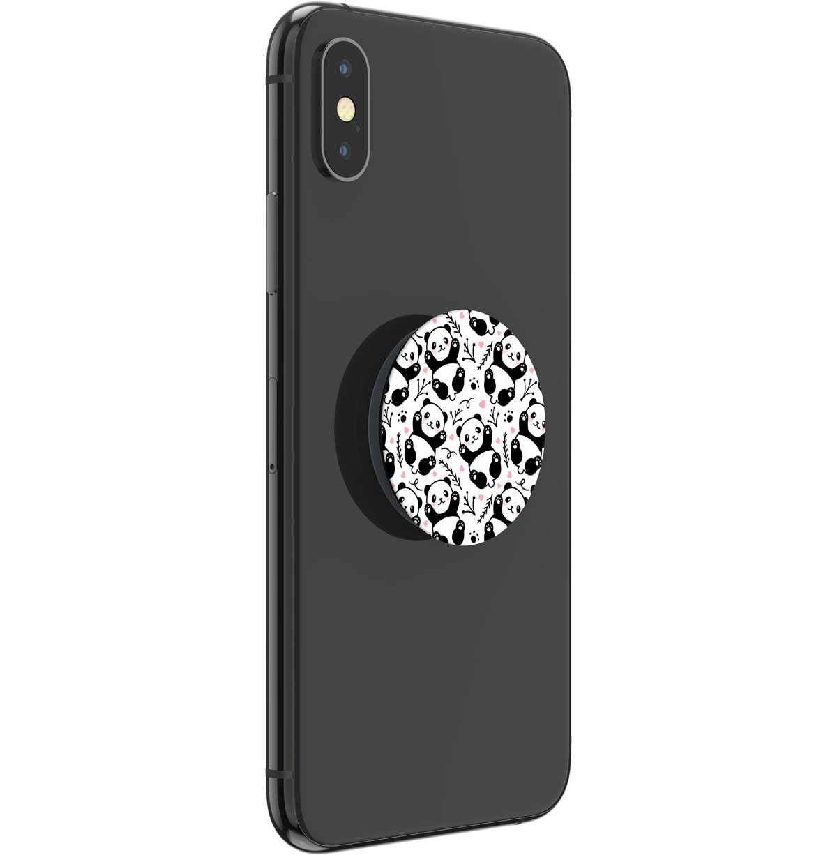 Ein schwarzes Smartphone mit einem runden Pop-Socket mit niedlichem Pandamuster.