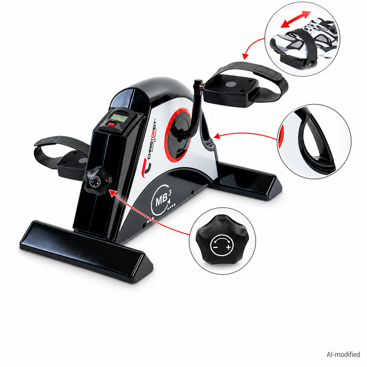 Ein schwarz-silberner Mini-Heimtrainer mit Pedalen und Display, mit Detailaufnahmen in kreisförmigen Ausschnitten.