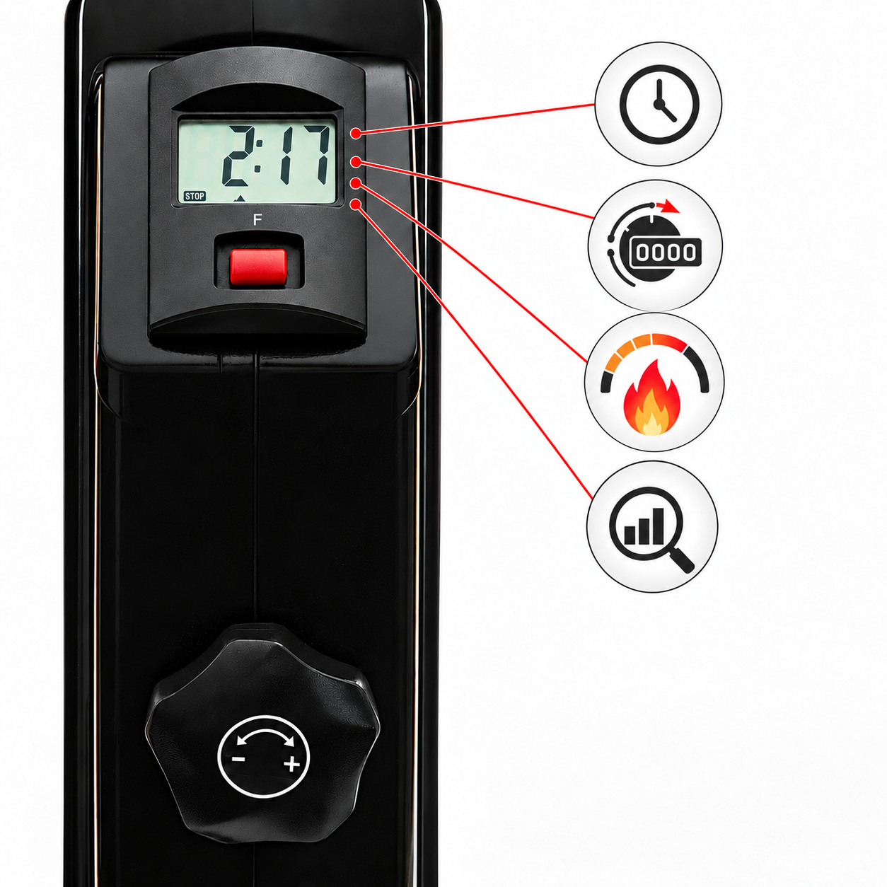 Schwarzes Bedienteil mit Digitaluhr, roten Tasten und Funktionssymbolen.