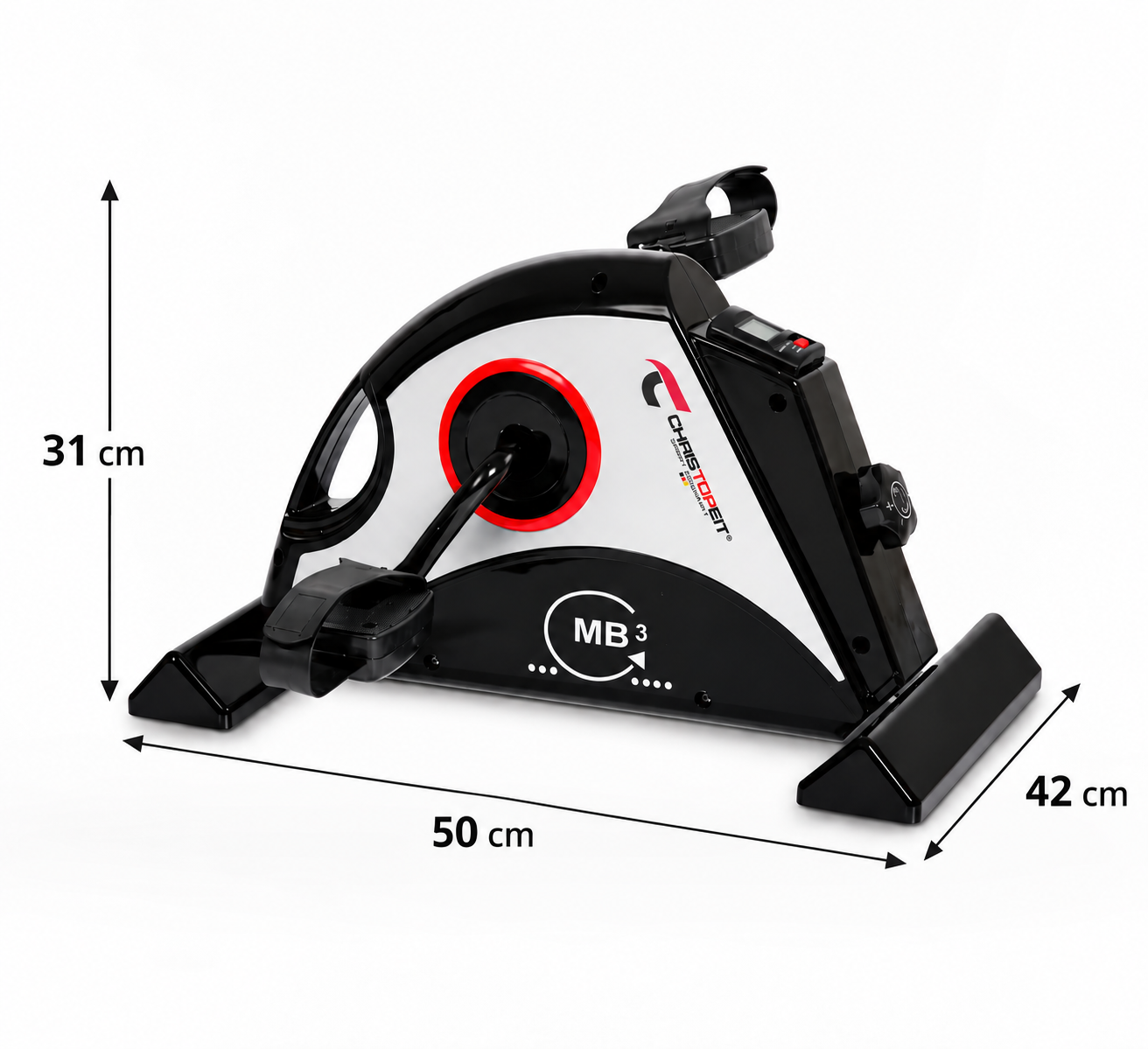 Schwarzer und weißer Mini-Heimtrainer MB3 mit Abmessungen von 31x50x42 cm vor weißem Hintergrund.