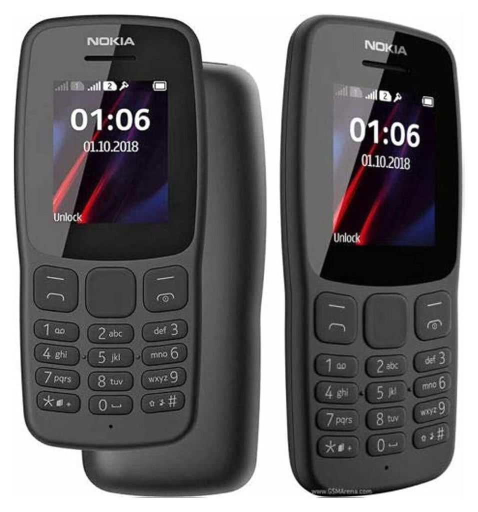 Dos teléfonos móviles Nokia negros, uno mostrando la parte delantera y trasera, el otro solo la parte delantera.