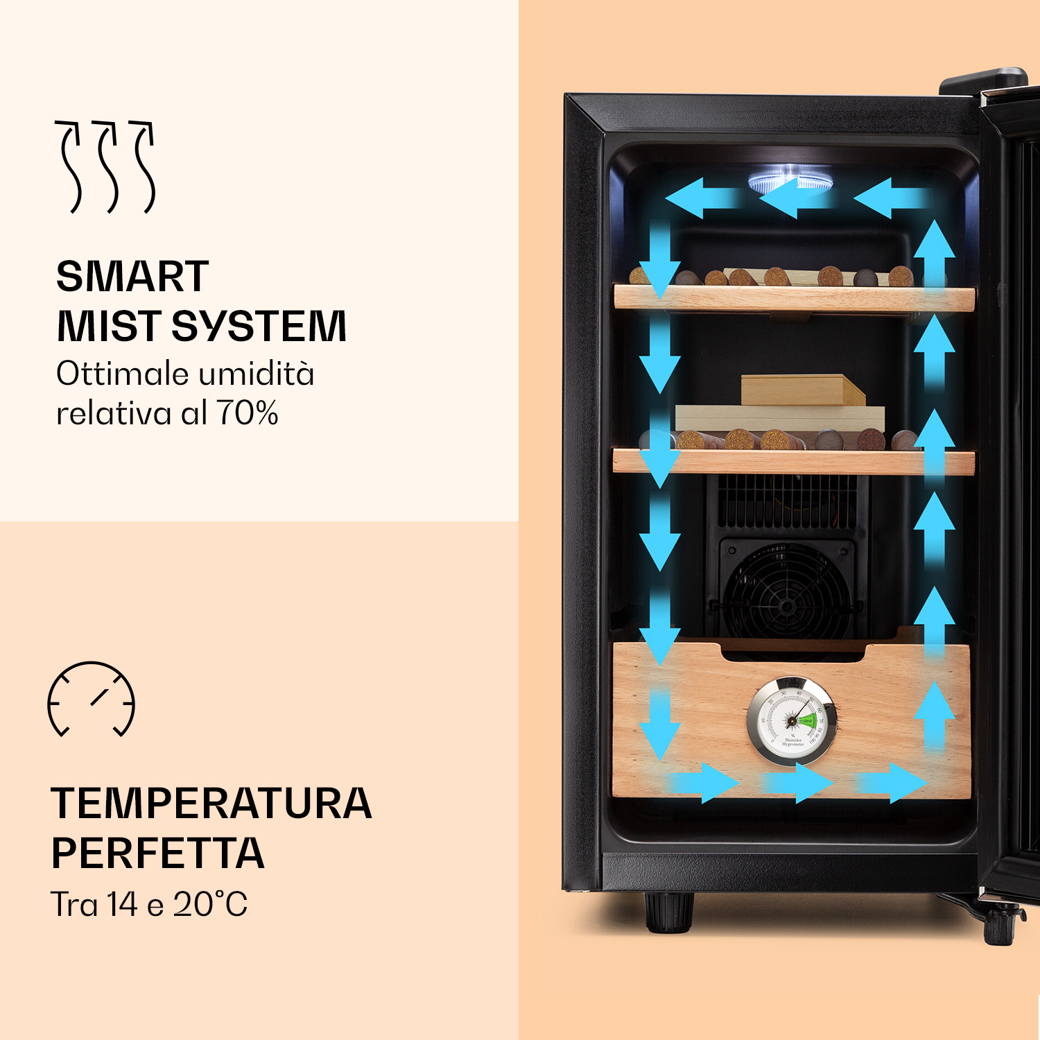 Un humidor per sigari con sistema smart mist e frecce blu di circolazione dell'aria.