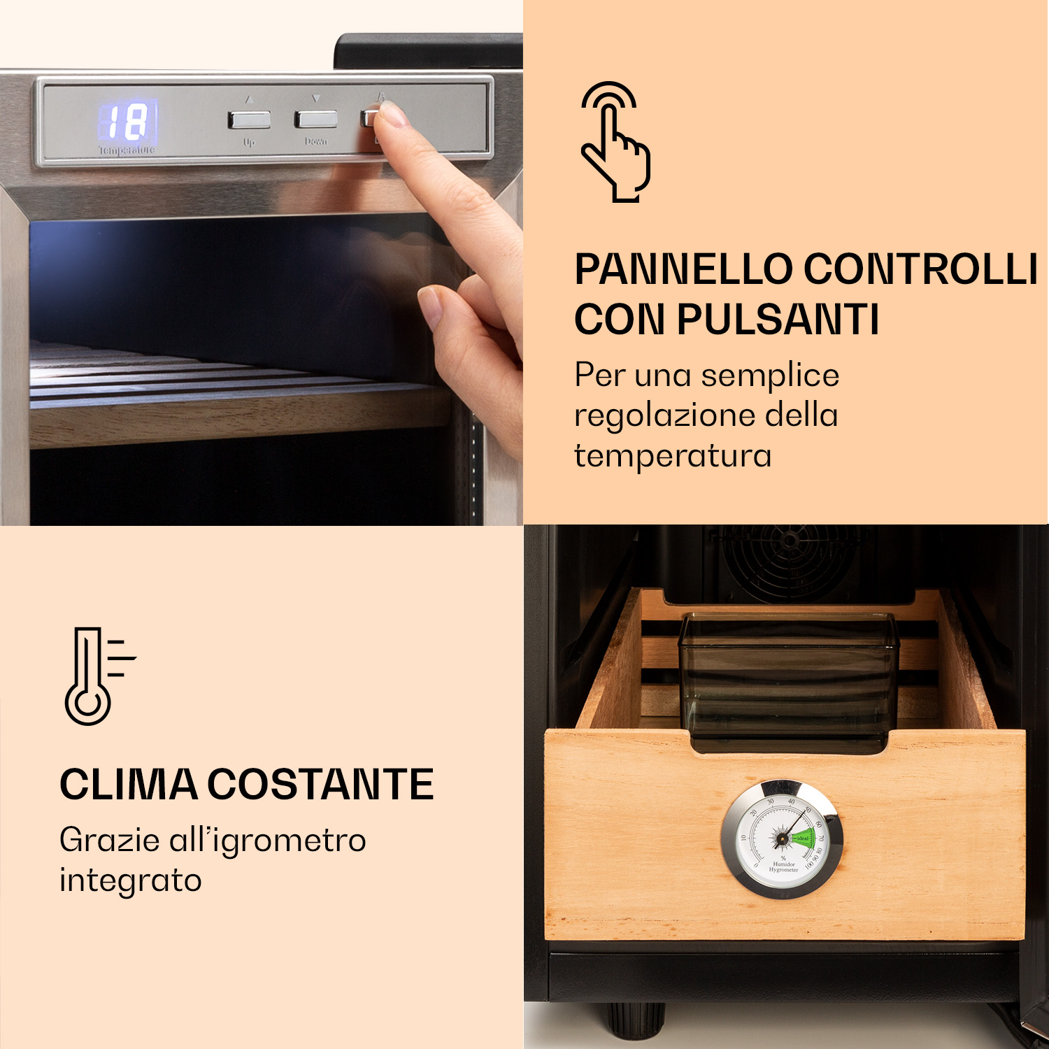 Una cantinetta per vino con controllo digitale della temperatura, ripiani in legno e igrometro.