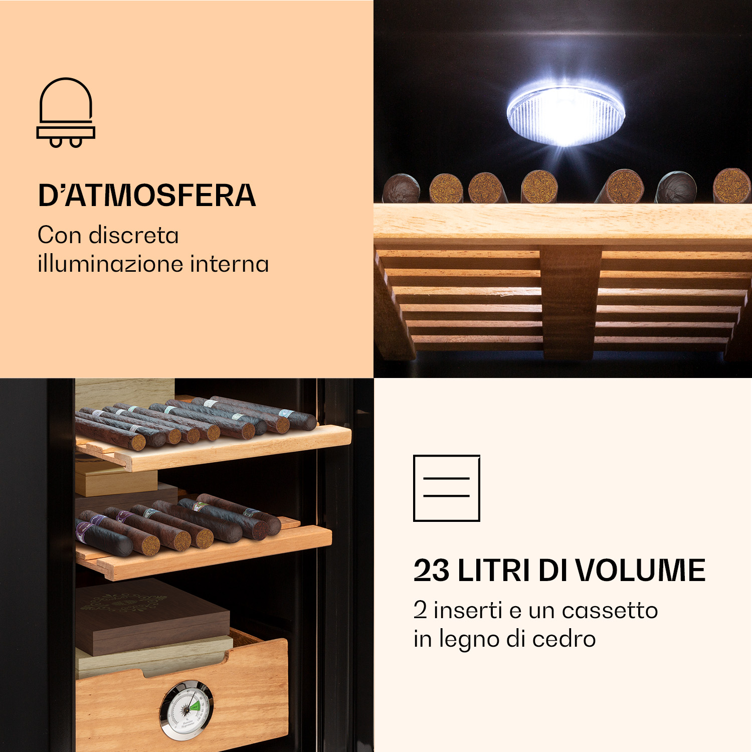 Un humidor con luce LED, sigari su ripiani in cedro e testo in italiano.