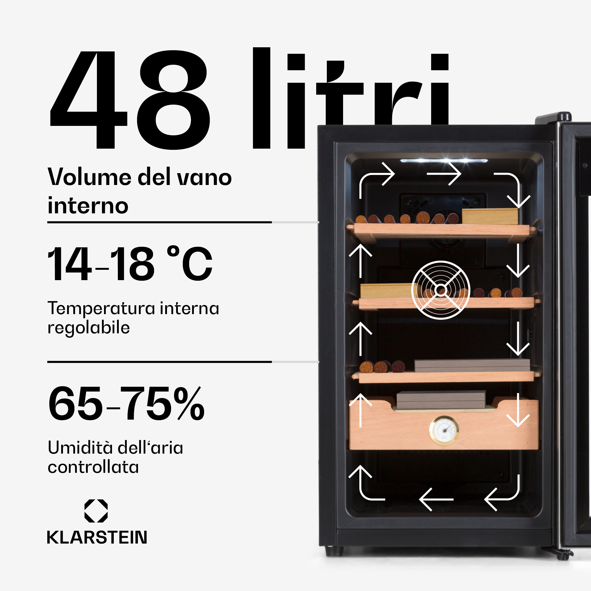 Humidor Klarstein da 48L, 14-18°C e umidità 65-75%.