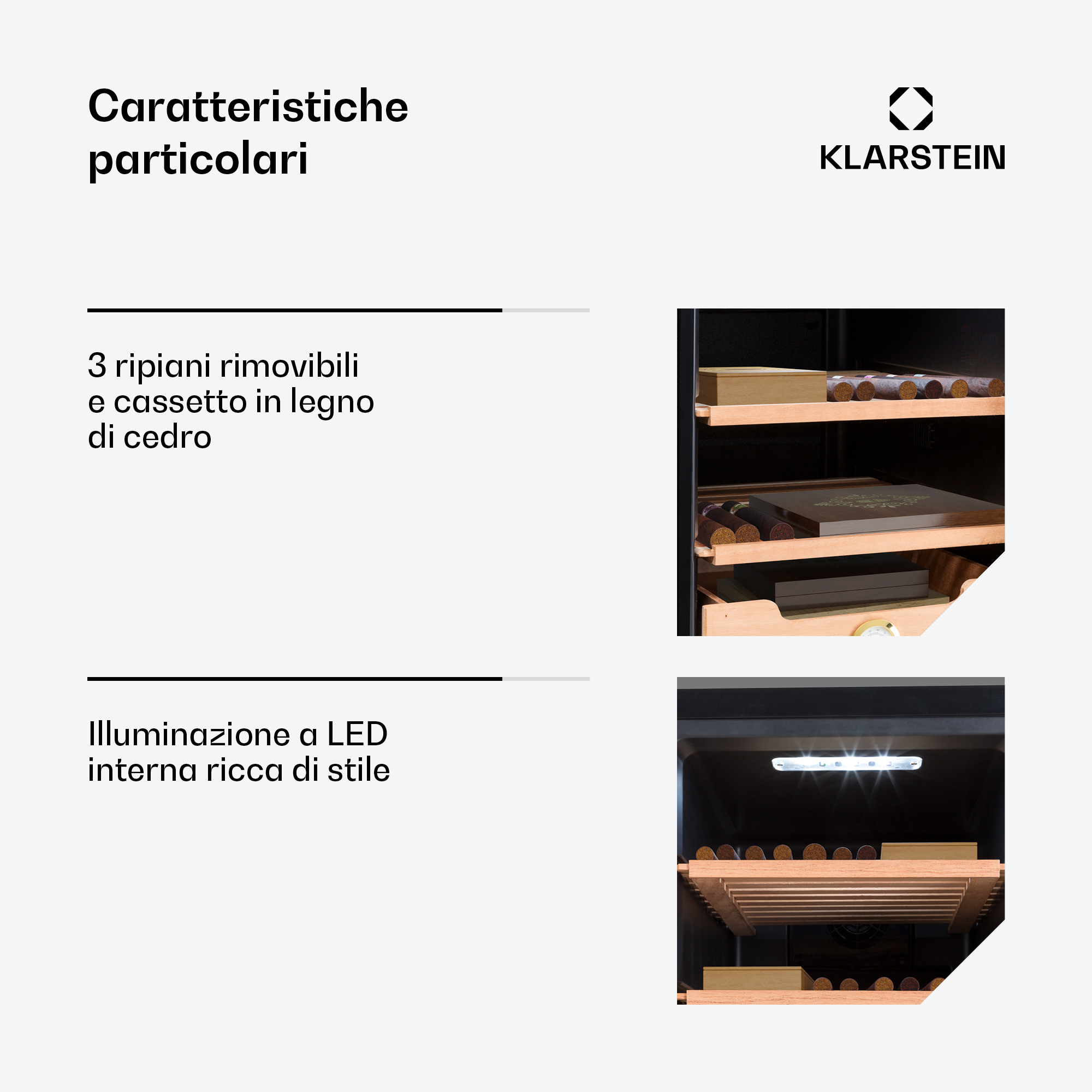Humidor Klarstein con ripiani in legno di cedro e illuminazione LED.