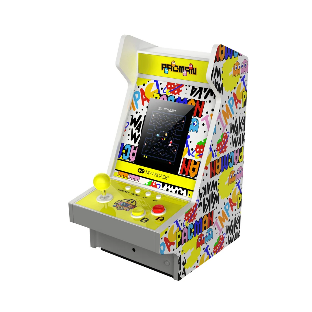Ein gelber Pac-Man-Mini-Arcade-Automat mit buntem Graffiti-Design, Joystick und beleuchtetem Bildschirm.