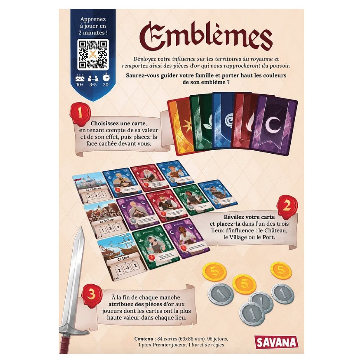Spielanleitung für Emblèmes mit Spielkarten, Münzen und einem Schwert auf einem beigen Hintergrund.