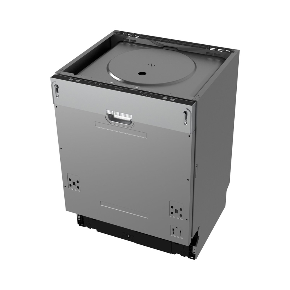 A silver dishwasher shown from the front and top against a white background.