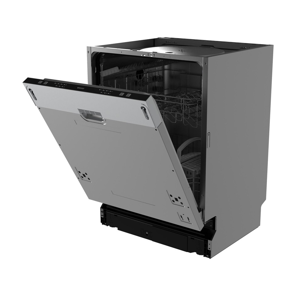 A silver dishwasher with an open door shows internal metal racks against a white background.