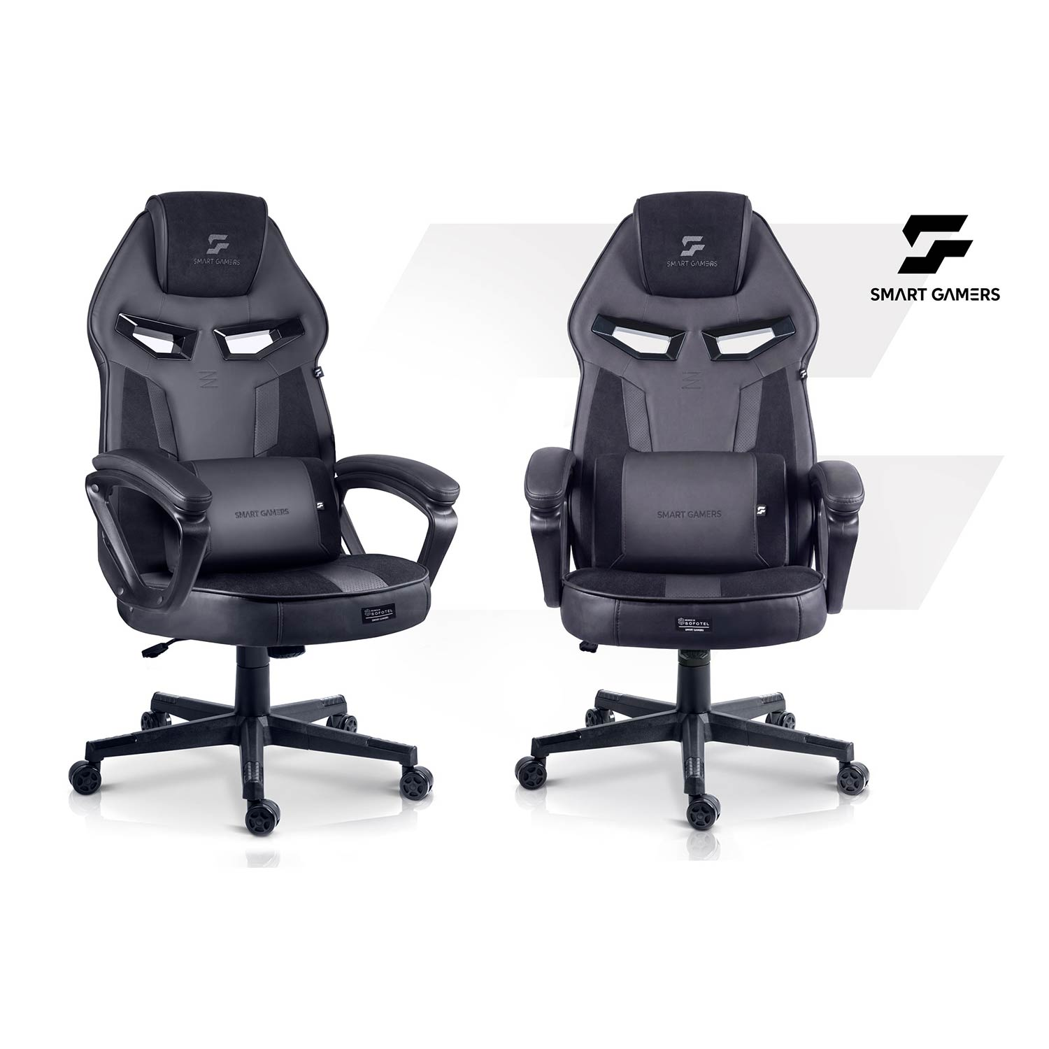 Dwa czarne fotele dla graczy z logo Smart Gamers na białym tle.
