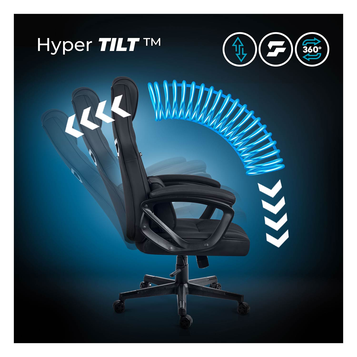 Czarny fotel gamingowy z funkcją Hyper Tilt, niebieską sprężyną i strzałkami na ciemnym tle.