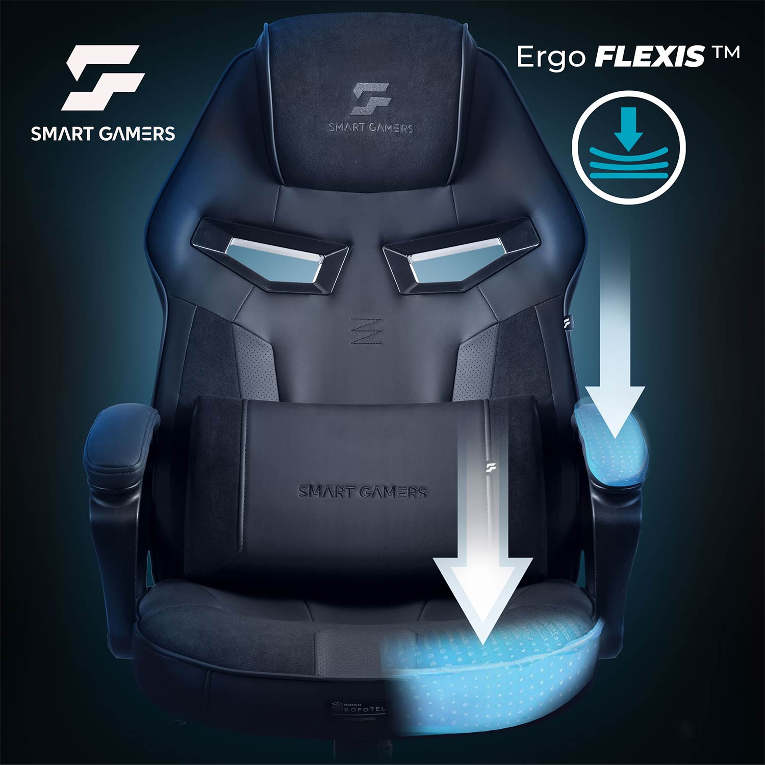 Czarny fotel gamingowy Smart Gamers Ergo FLEXIS z wyściełanymi podłokietnikami i poduszką na ciemnym tle.