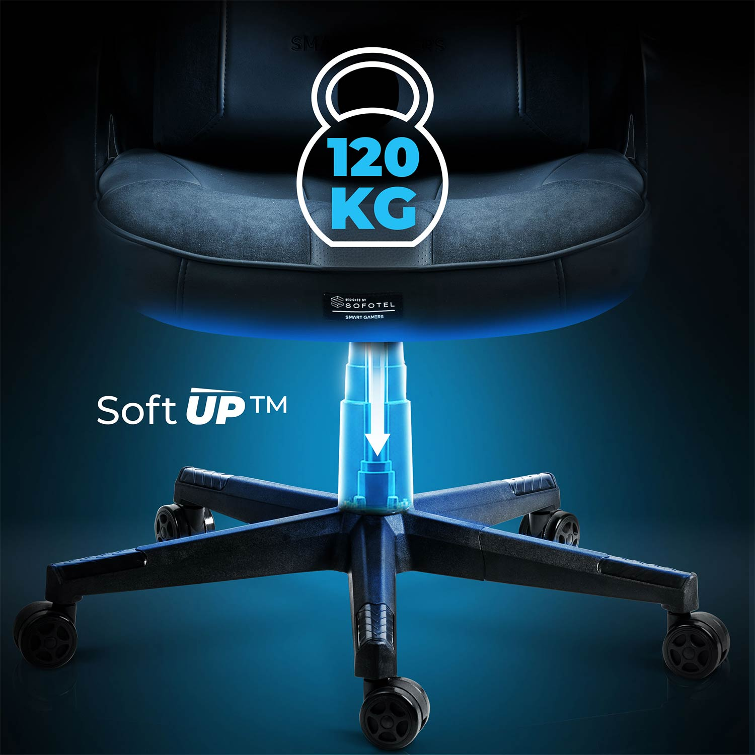 Czarny fotel gamingowy o udźwigu 120 kg, z niebieskim oświetleniem i technologią Soft UP.