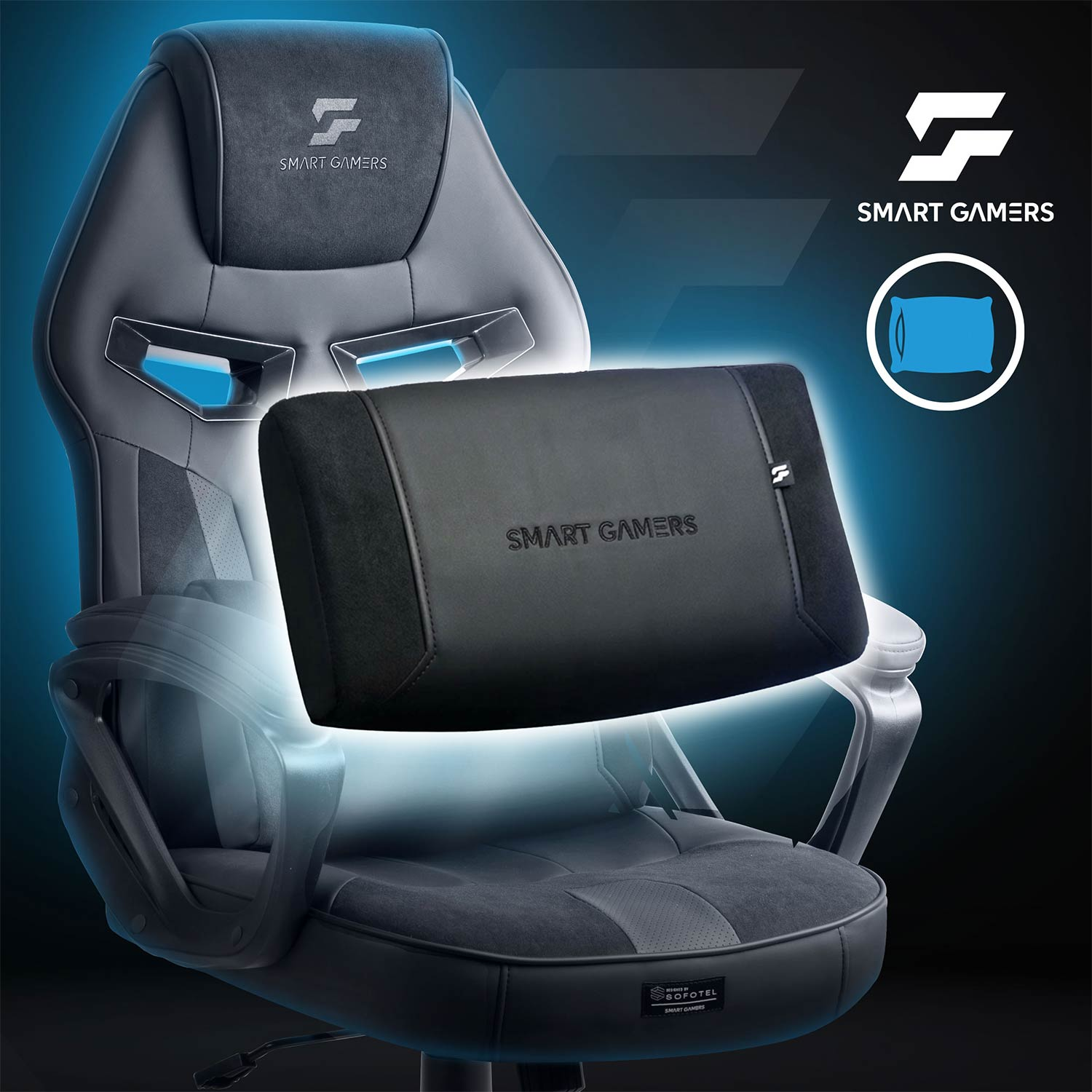 Czarny fotel gamingowy z logo Smart Gamers i poduszką na pierwszym planie na tle niebieskiego światła.