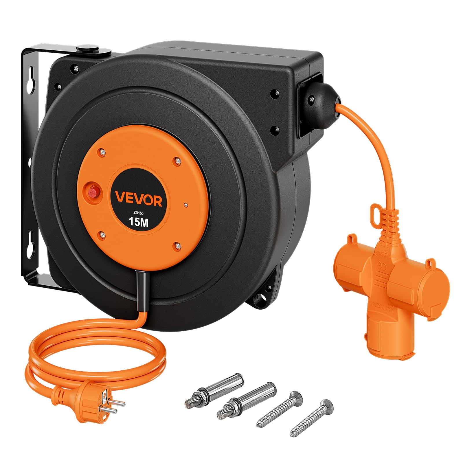 Schwarze und orangefarbene Vevor-Kabeltrommel mit 15m Kabel und Montagematerial vor weißem Hintergrund.
